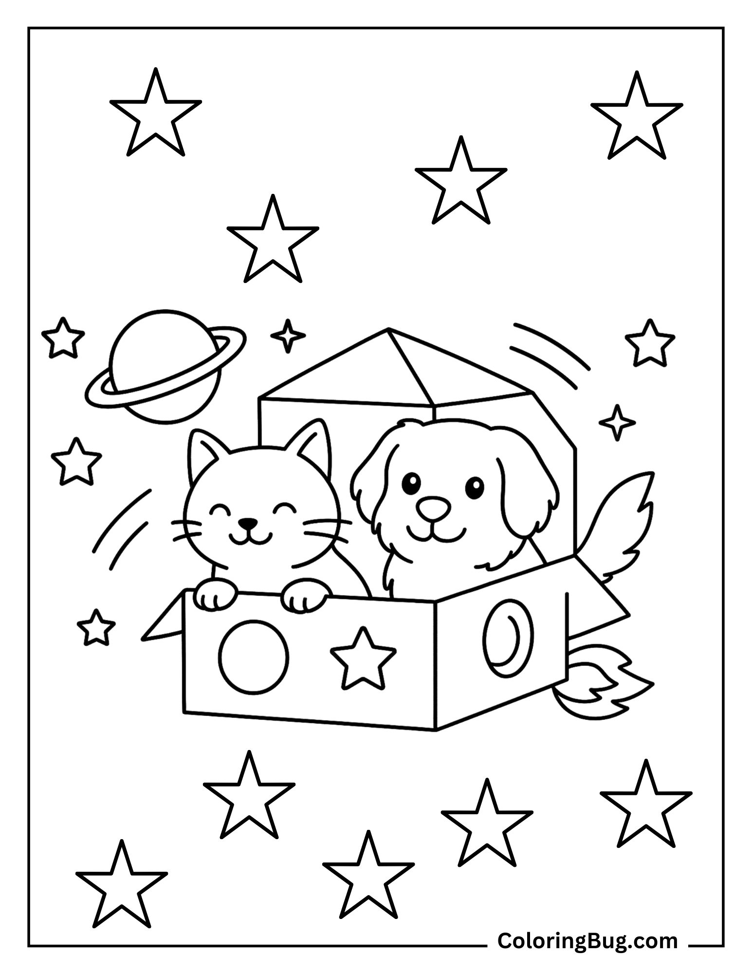 Cat and Dog in a Cardboard Box Spaceship Coloring Sheet