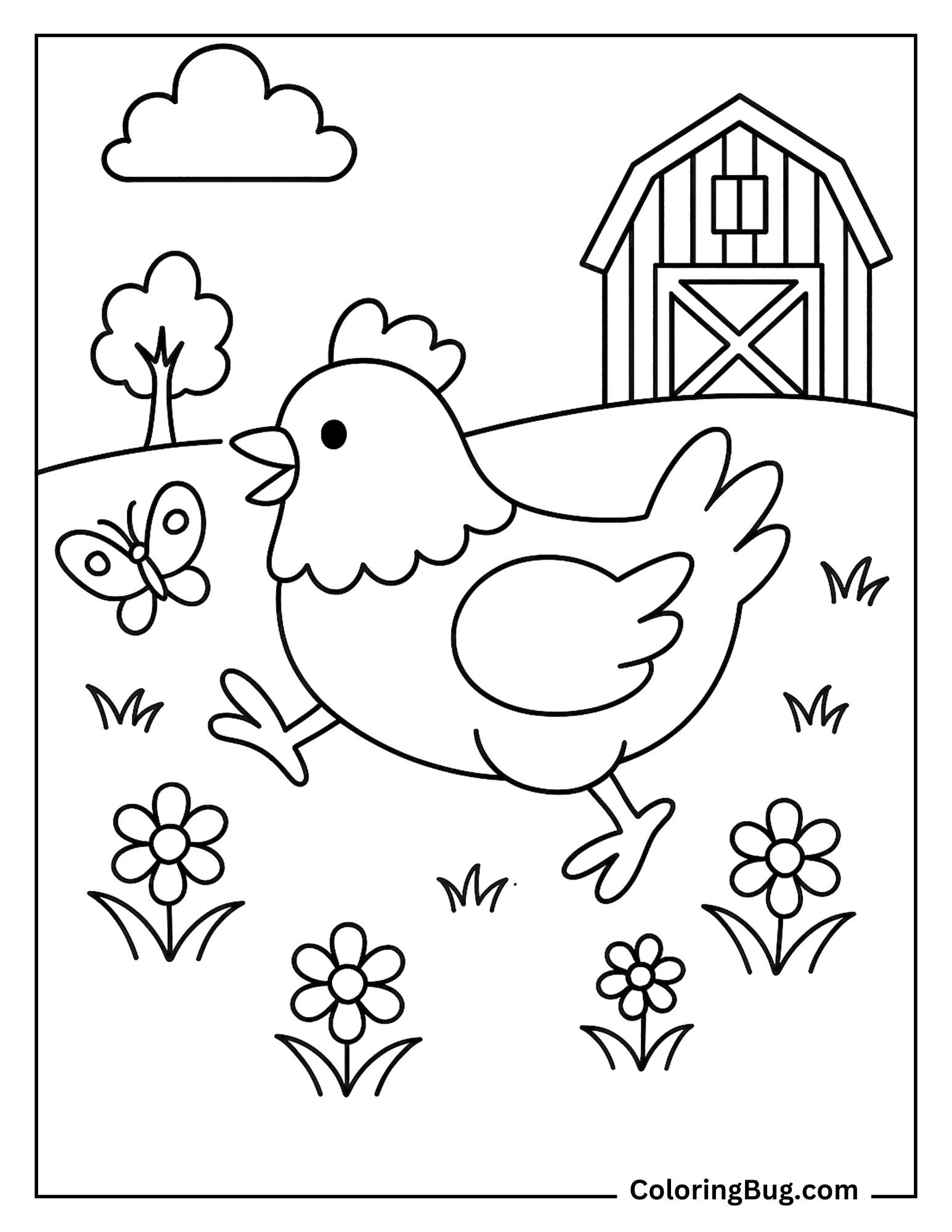 Chicken Chasing Butterfly Coloring Sheet