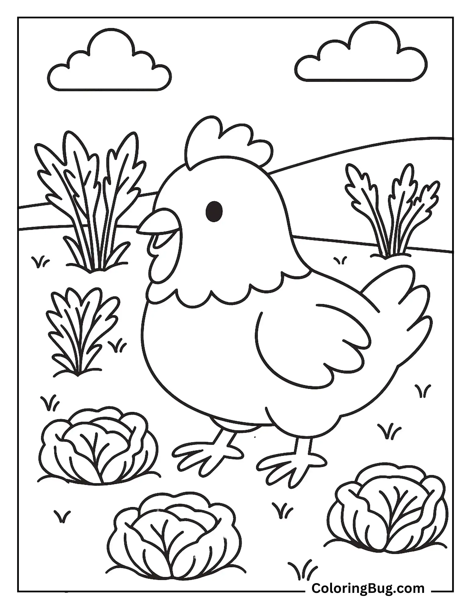 Chicken Exploring a Vegetable Patch Coloring Sheet