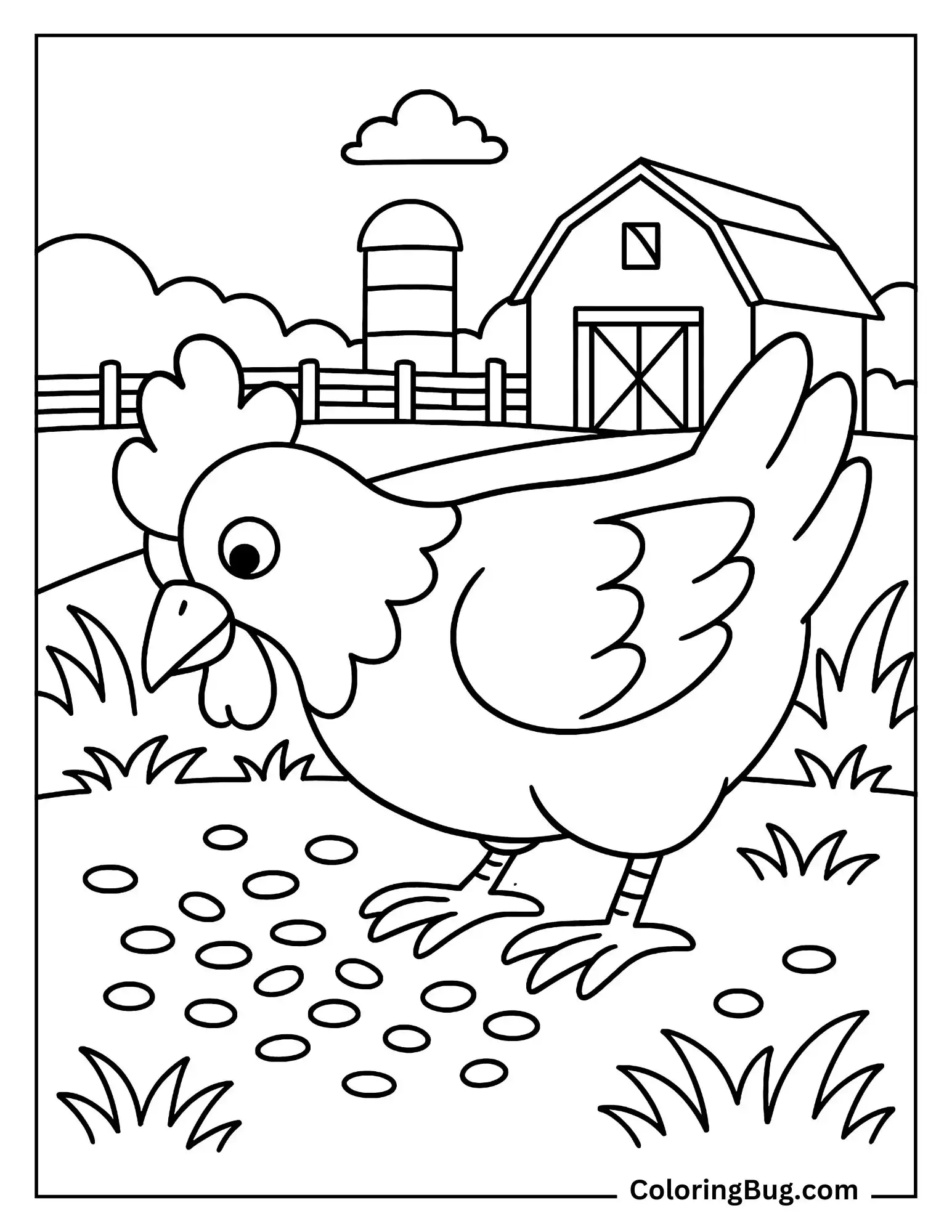 Chicken Pecking Corn on the Ground Coloring Sheet
