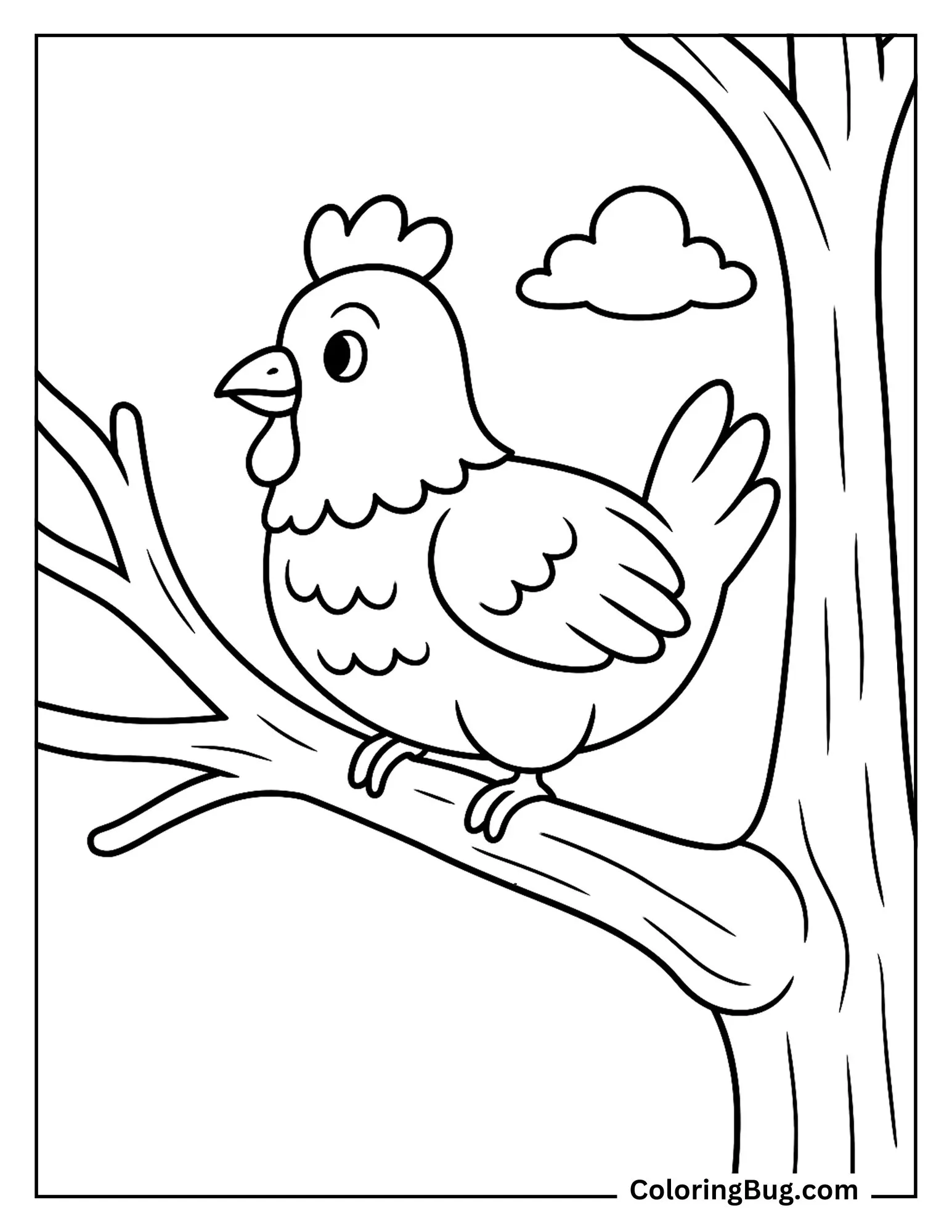 Chicken Roosting on a Tree Branch Coloring Sheet