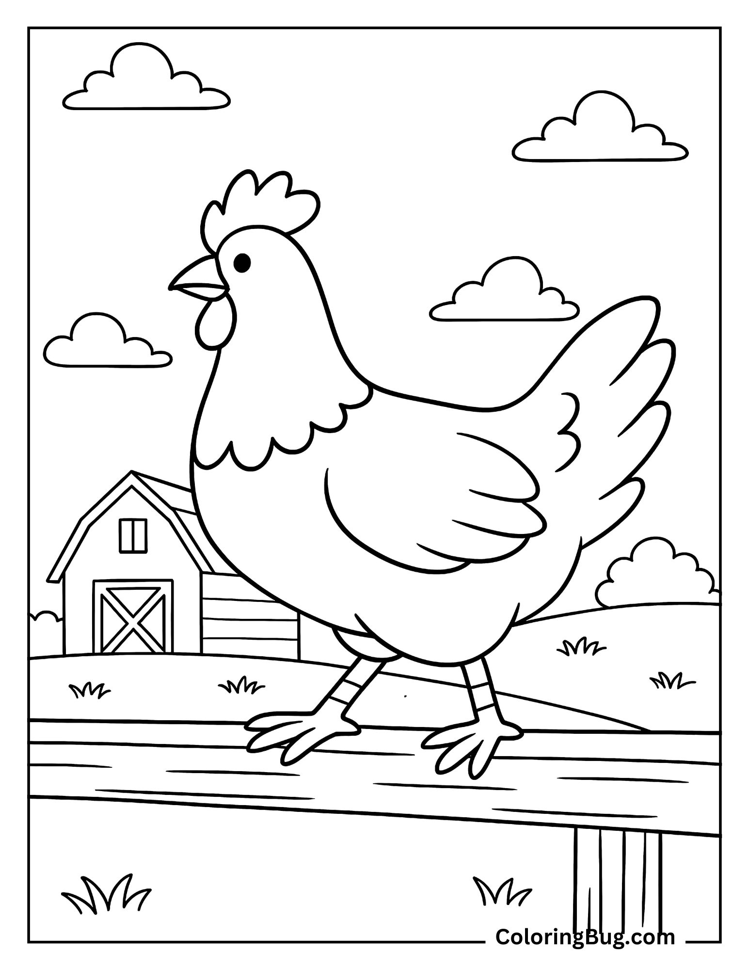 Chicken Walking on a Wooden Beam Coloring Sheet
