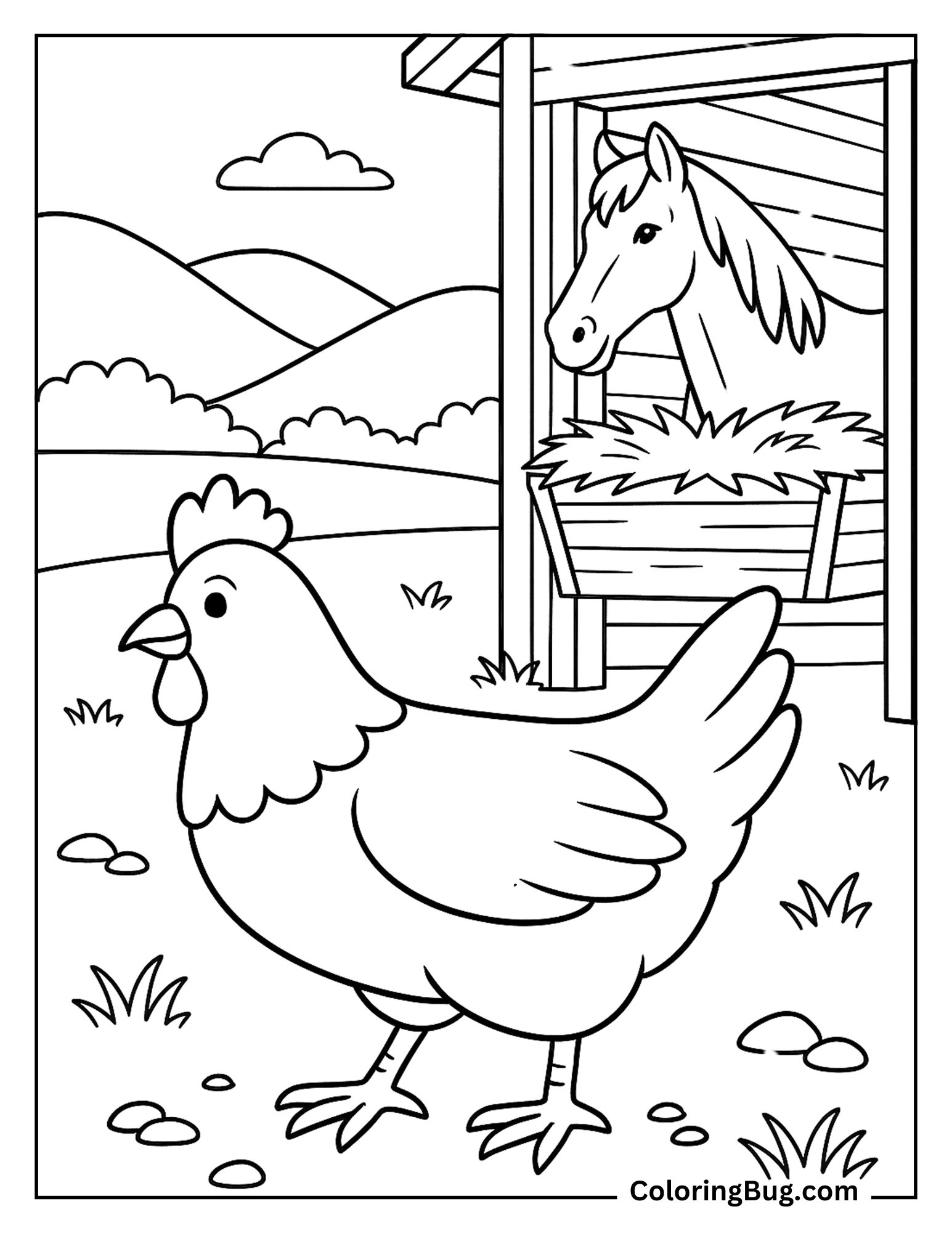 Chicken in Farm With Horse Coloring Sheet