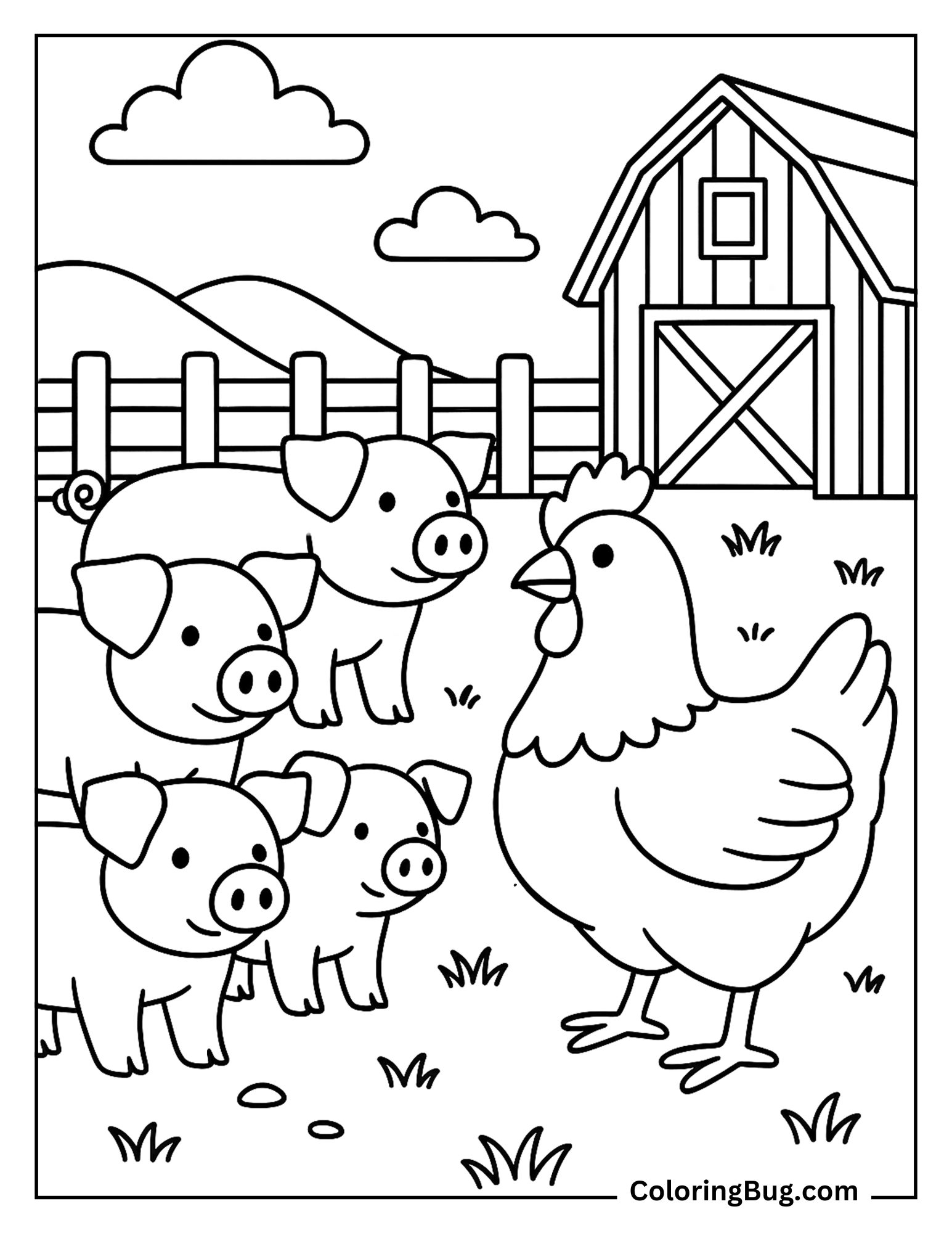 Chicken in Farm With Pigs Coloring Sheet