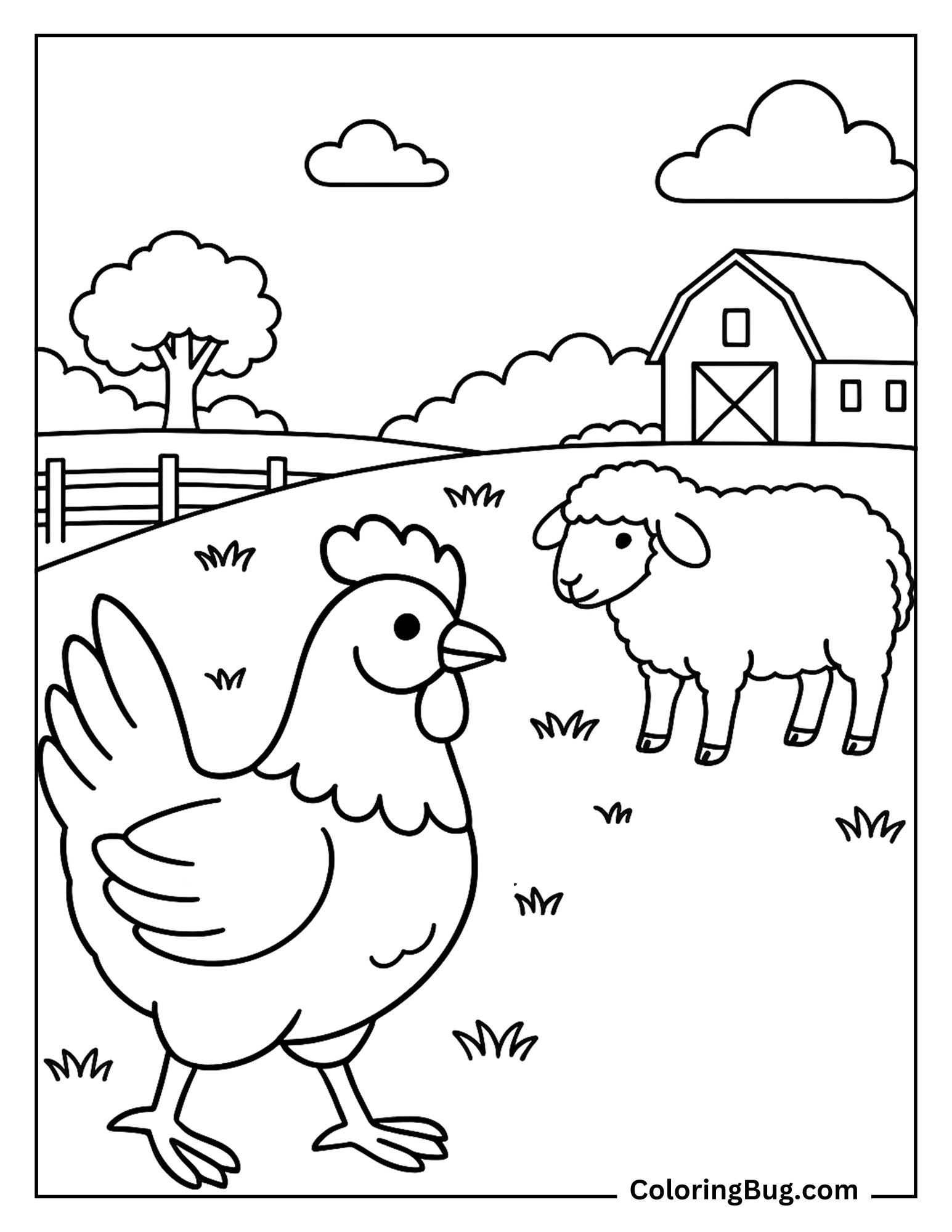 Chicken in Farm With Sheep Coloring Sheet