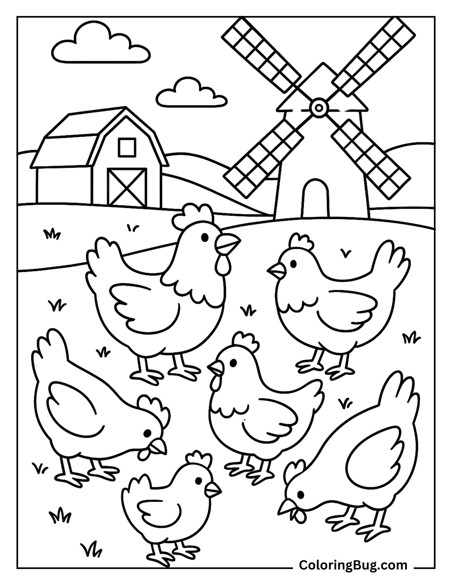 Chickens Beside a Windmill in the Field Coloring Sheet