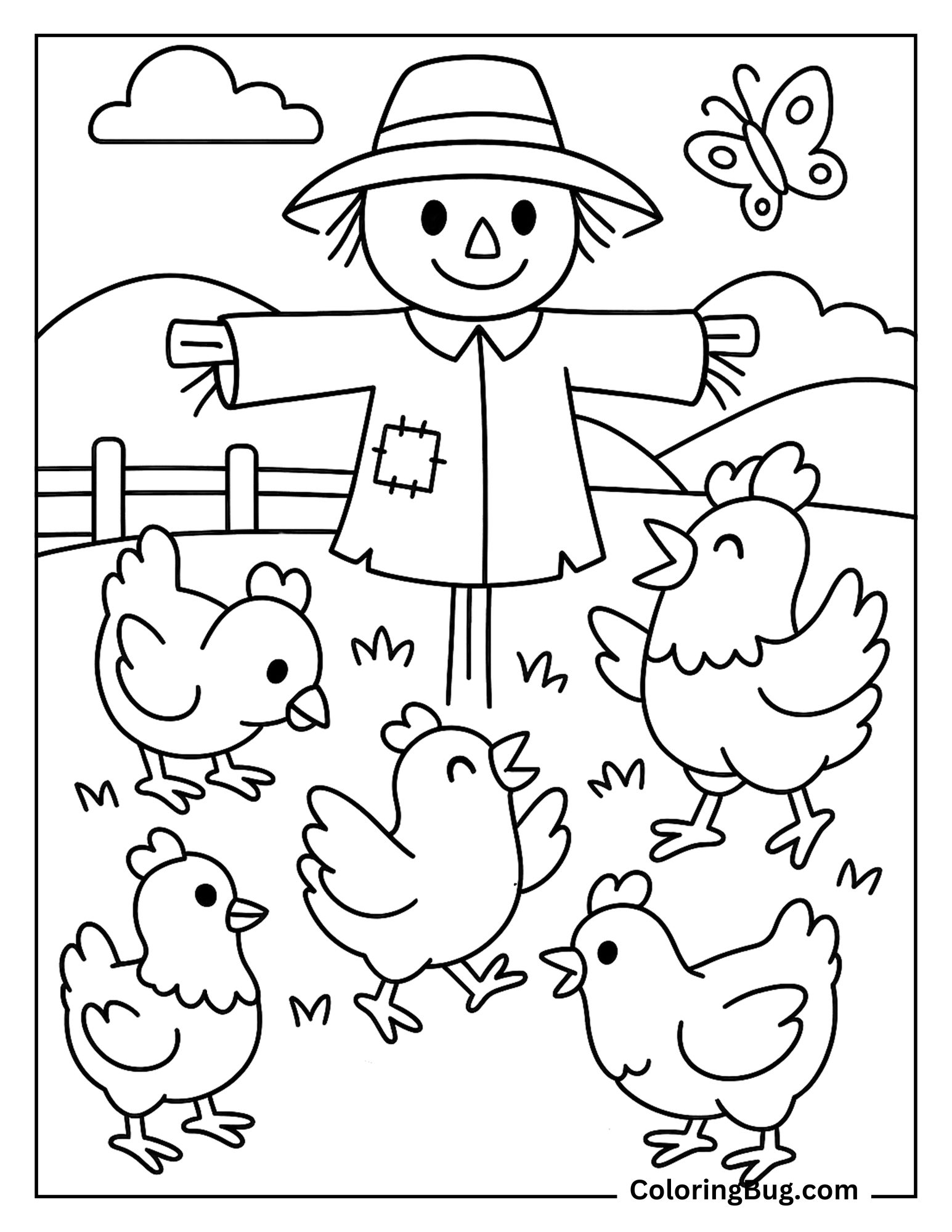 Chickens Playing Near Scarecrow Coloring Sheet