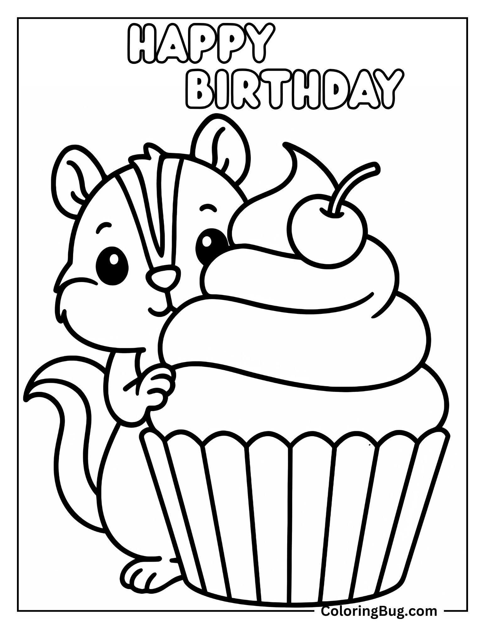 Chipmunk Hiding Behind Its Cupcake Coloring Sheet