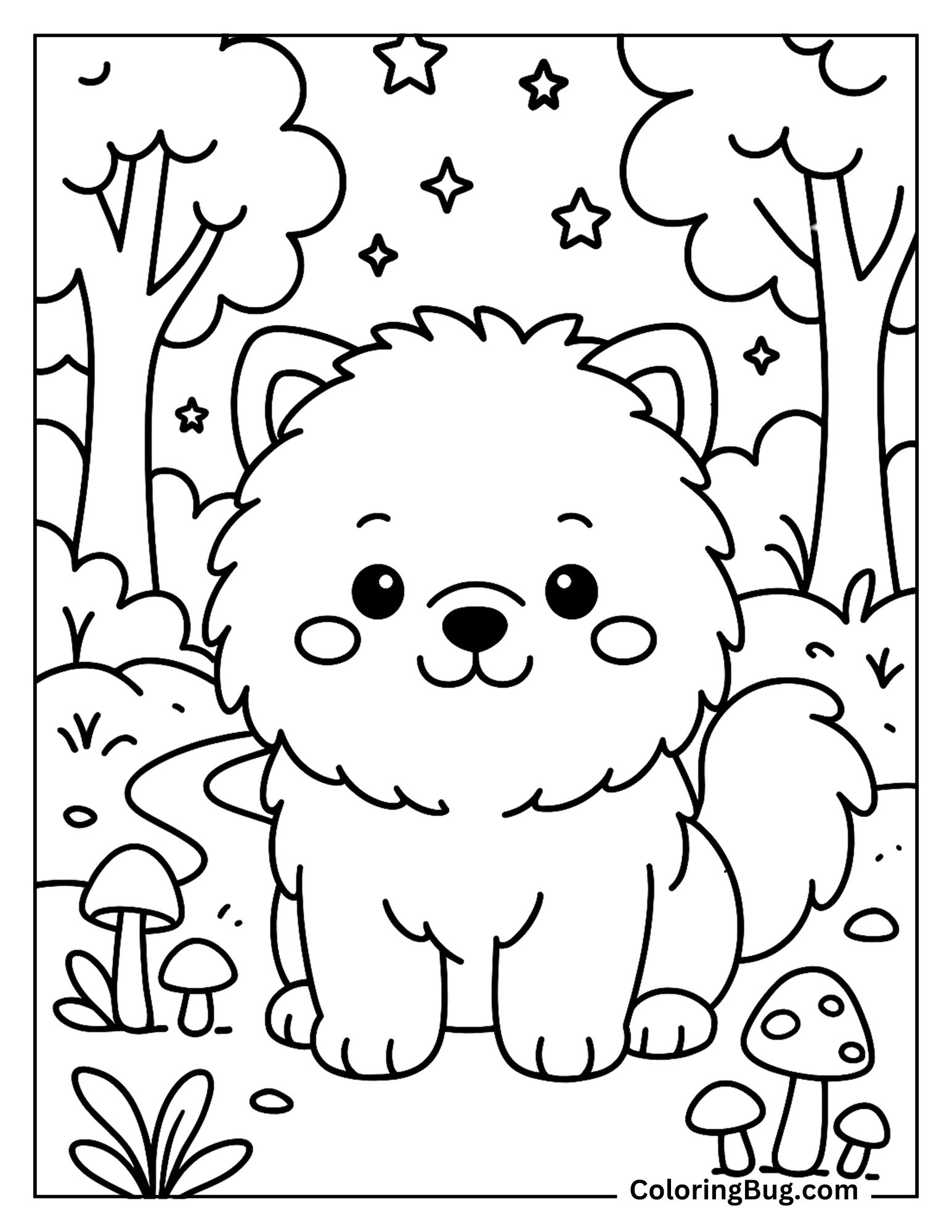 Chow Chow Puppy in Magical Forest coloring Sheet