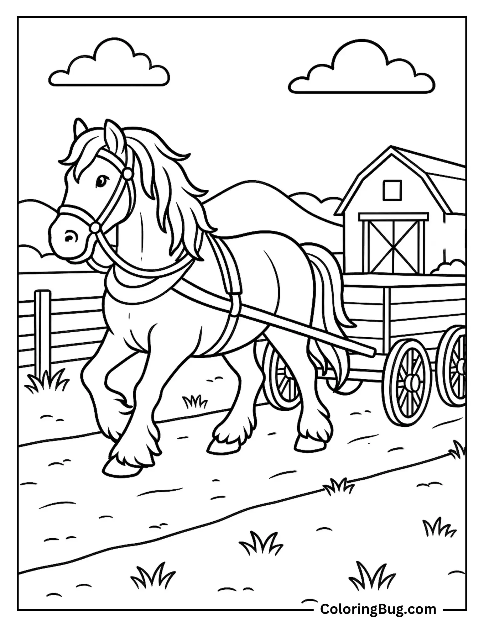 Clydesdale Pulling a Wooden Wagon on a Farm Path Coloring Sheet