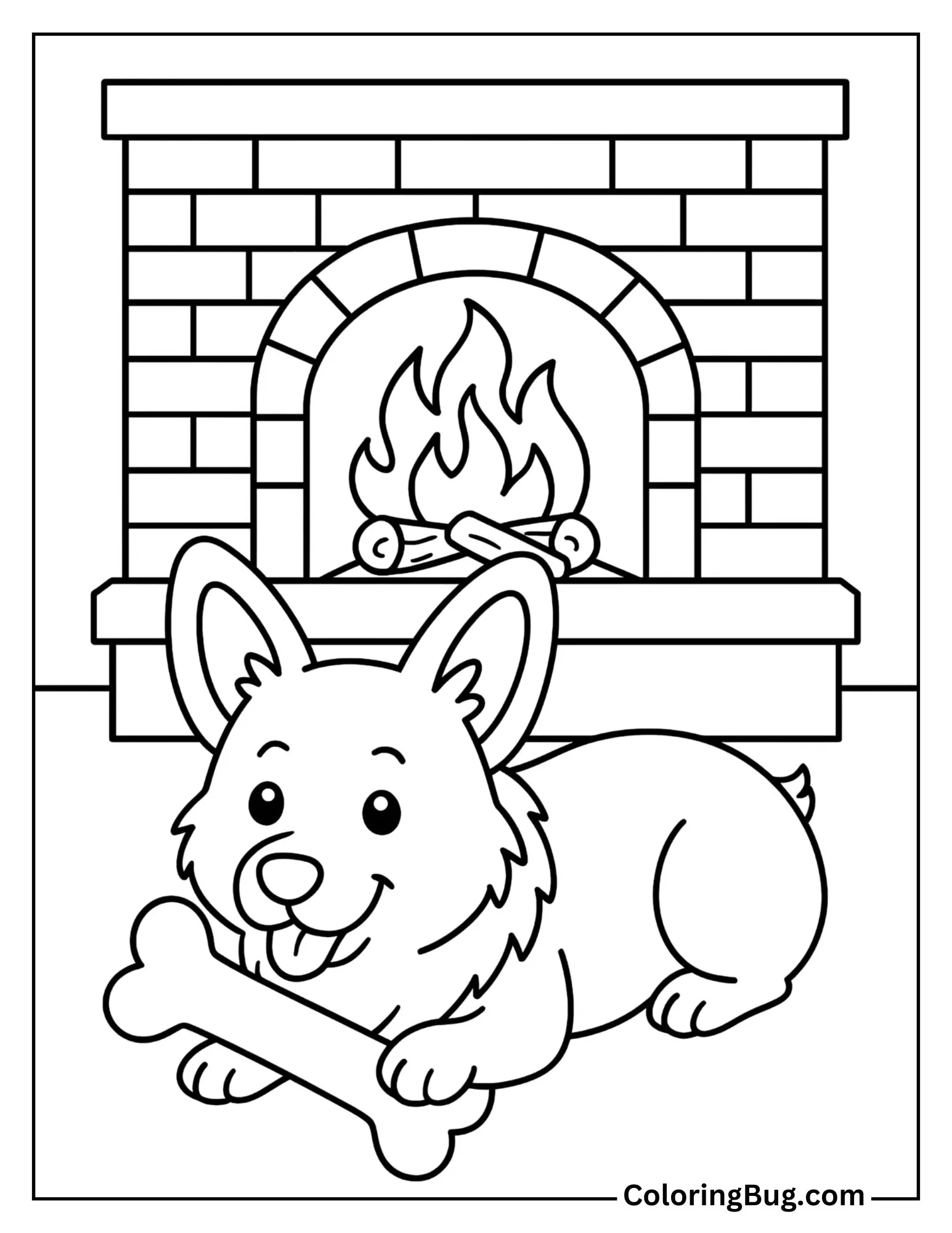 Corgi Chewing on its Favorite Bone by the Fireplace Coloring Sheet