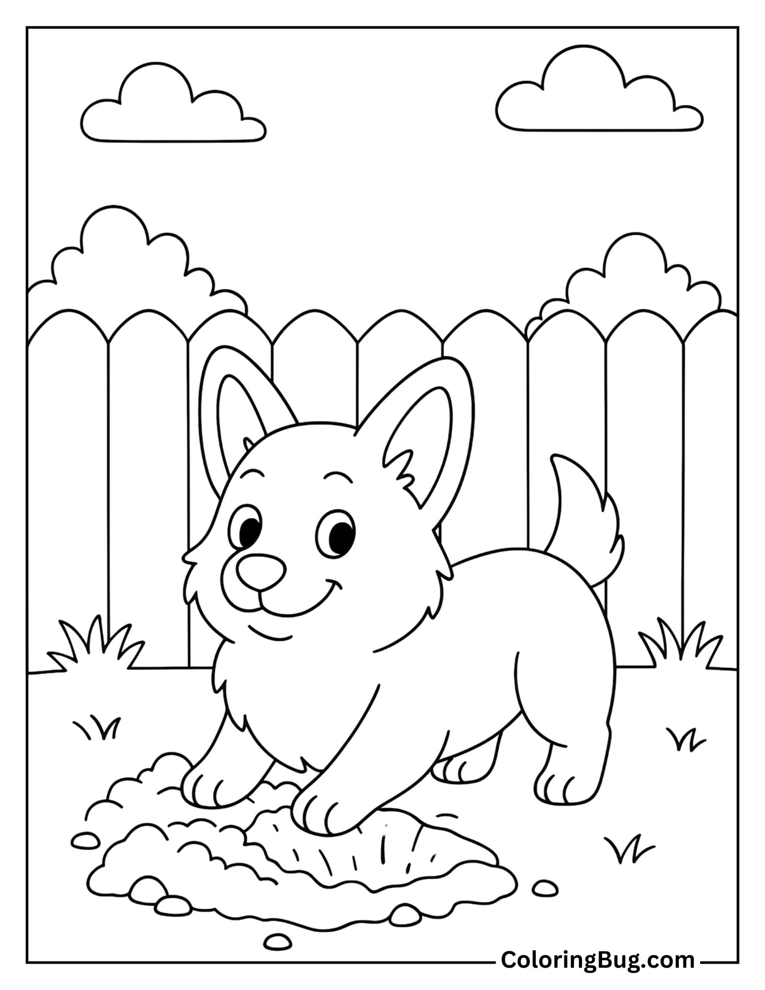 Corgi Digging a Small Hole in the Backyard, Looking Proud Coloring Sheet