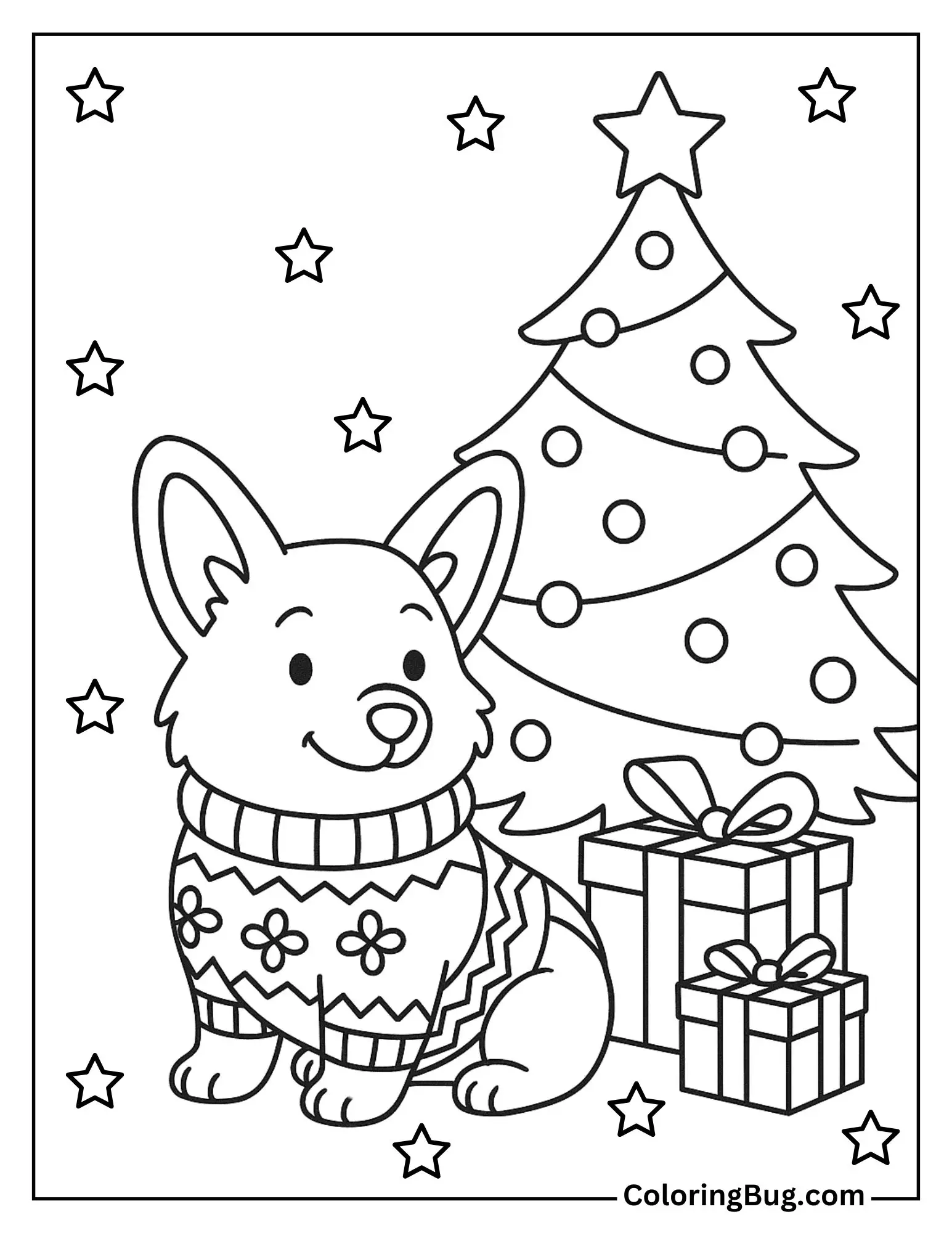 Corgi Dressed in a Festive Sweater by a Decorated Christmas Tree Coloring Sheet