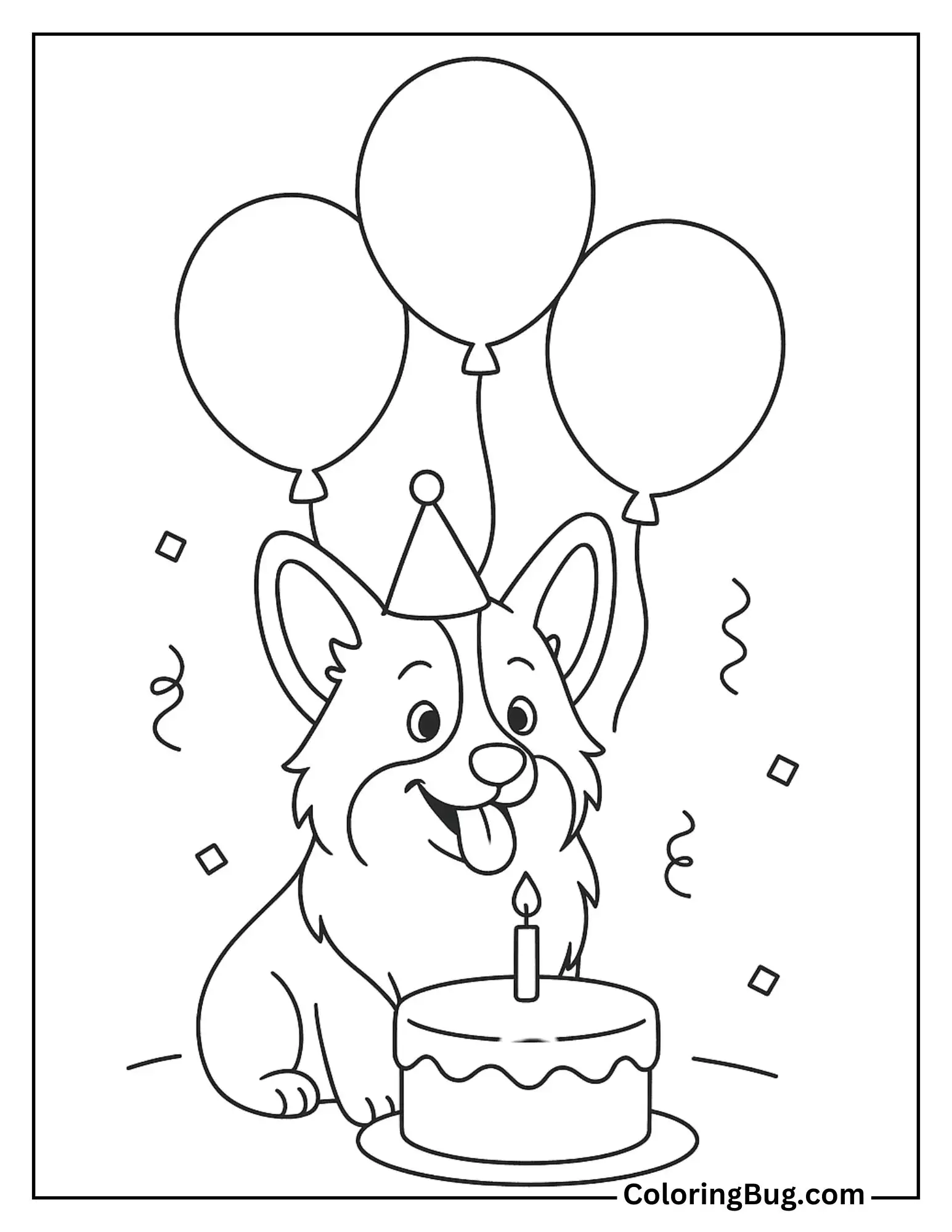 Corgi Enjoying a Birthday Party with a Tiny Hat and Balloons Coloring Sheet