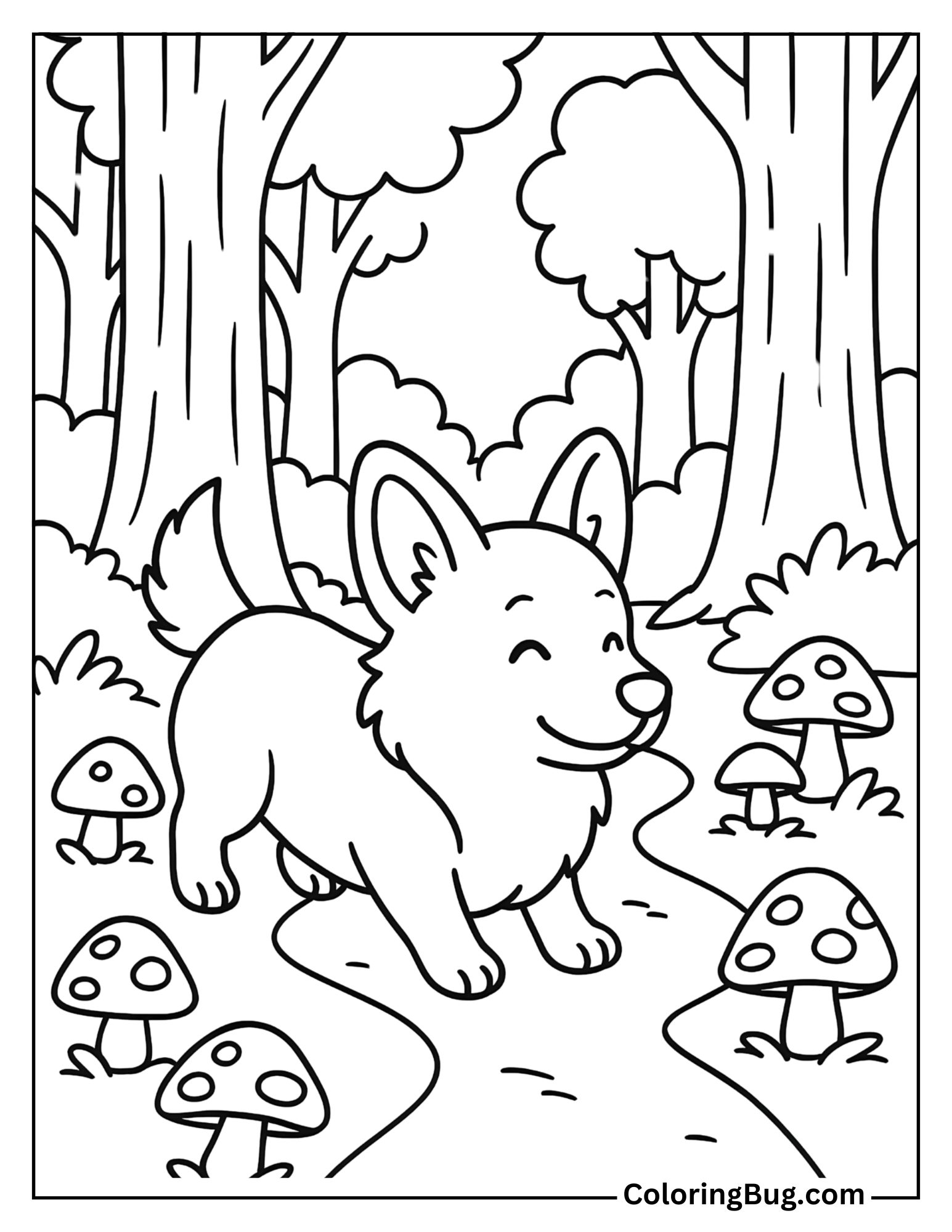 Corgi Exploring a Woodland Path with Mushrooms and Tall Trees Coloring Sheet
