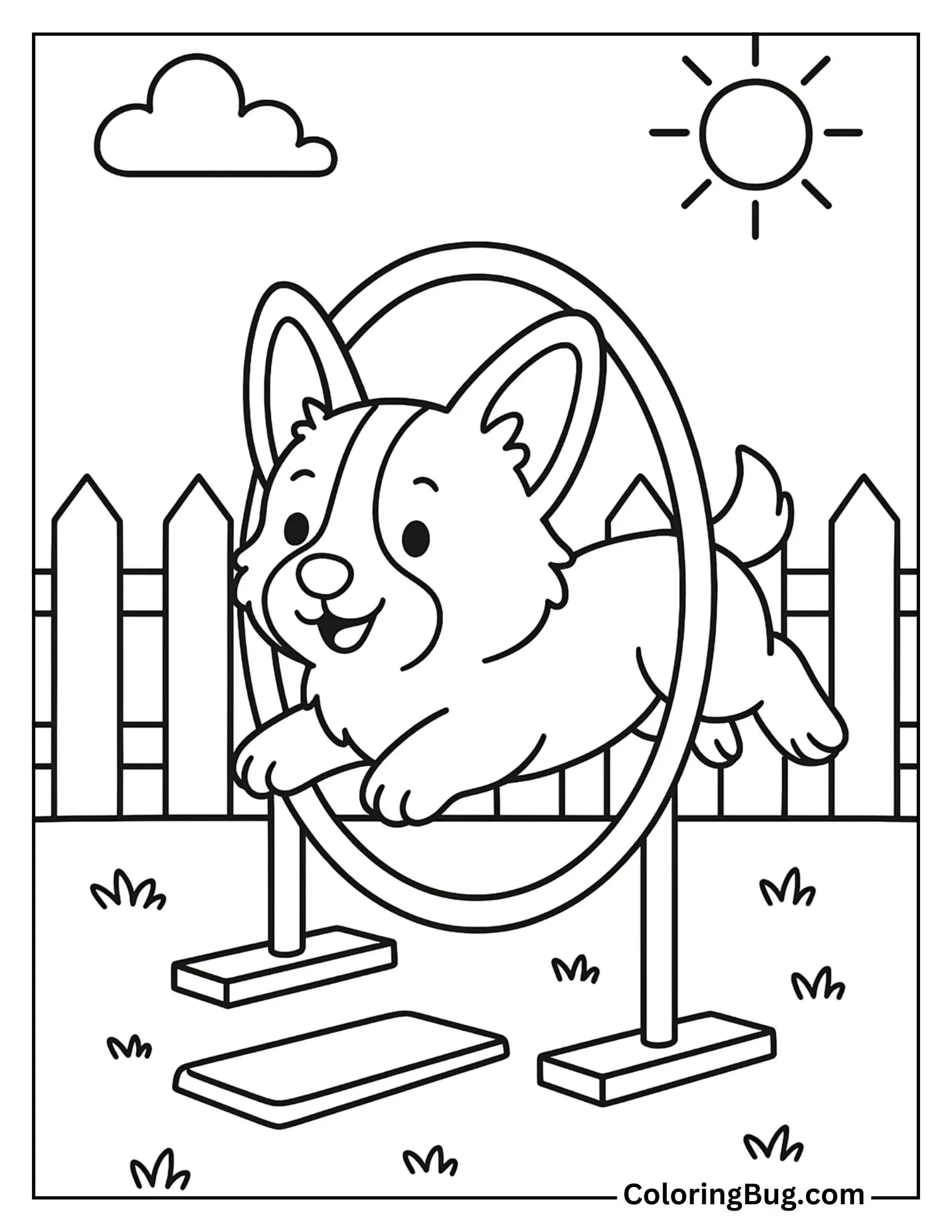 Corgi Jumping Through Hoop Coloring Sheet