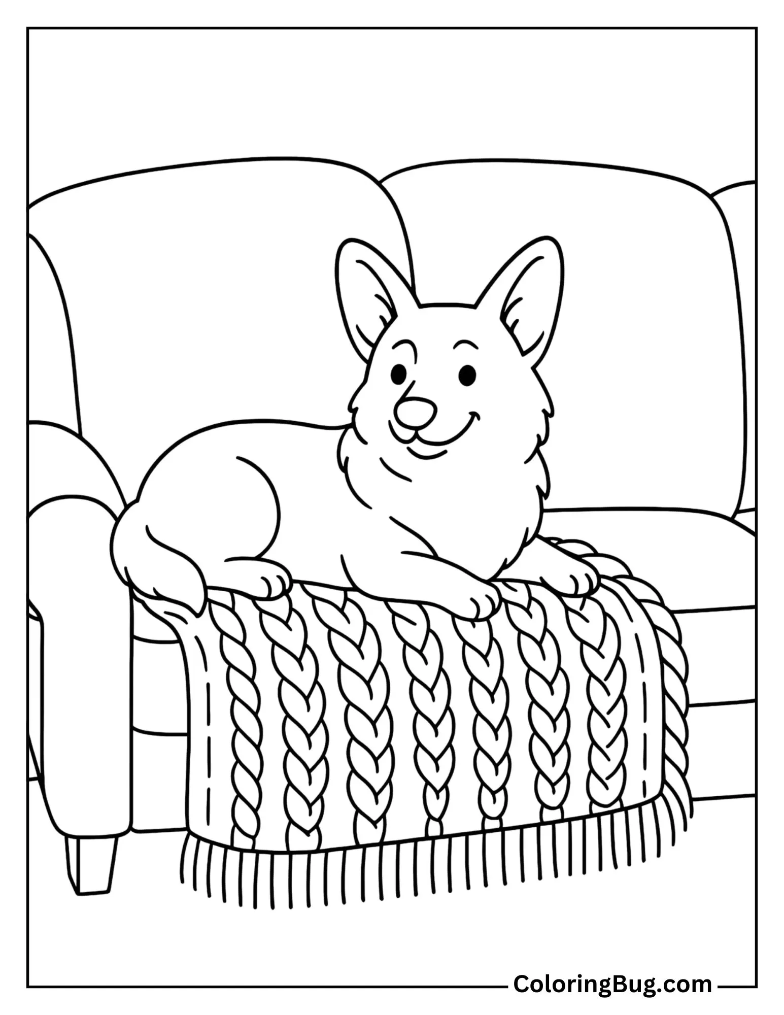 Corgi Lounging on a Cozy Sofa with a Knitted Blanket Coloring Sheet