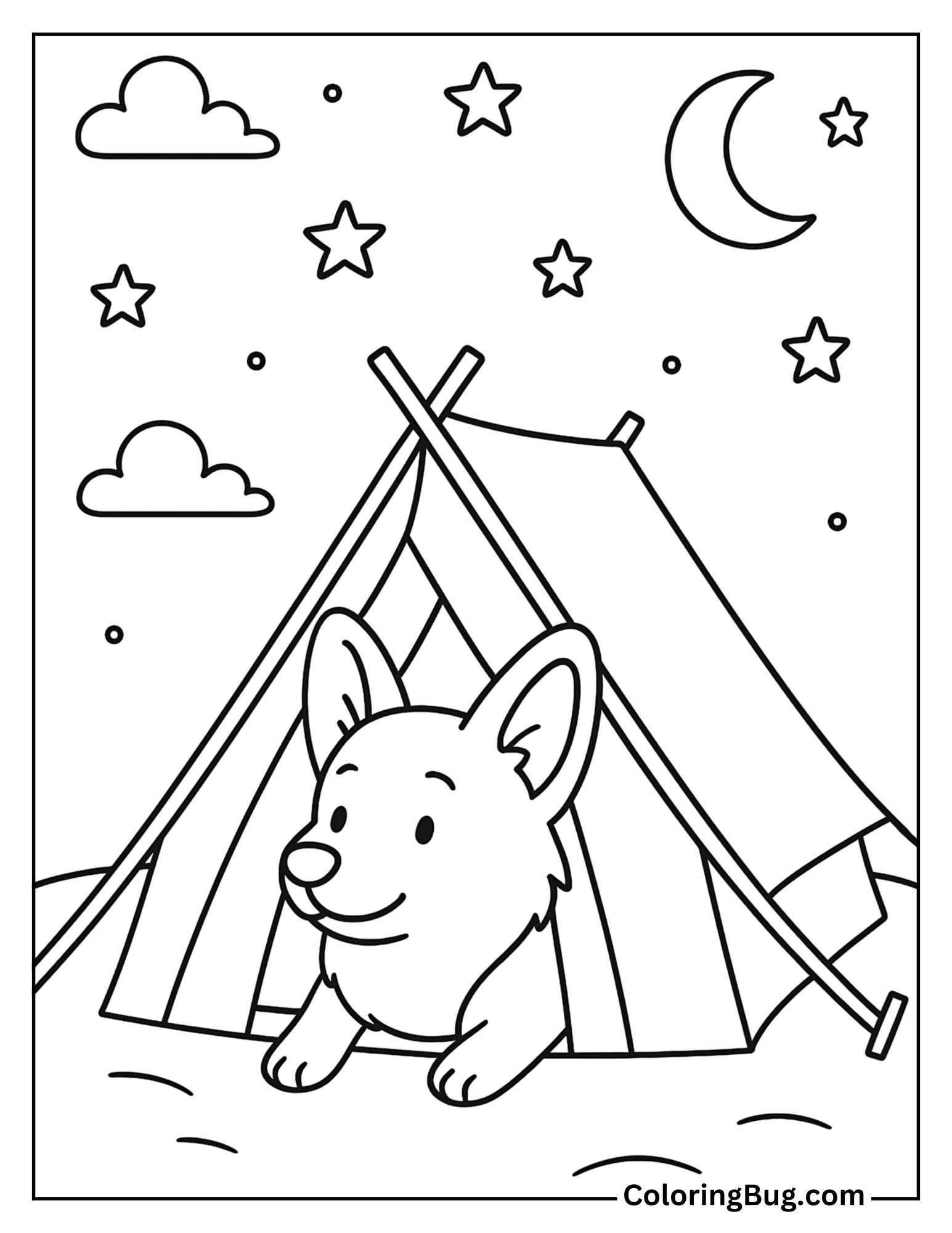 Corgi Peeking Out of a Camping Tent Under the Stars Coloring Sheet