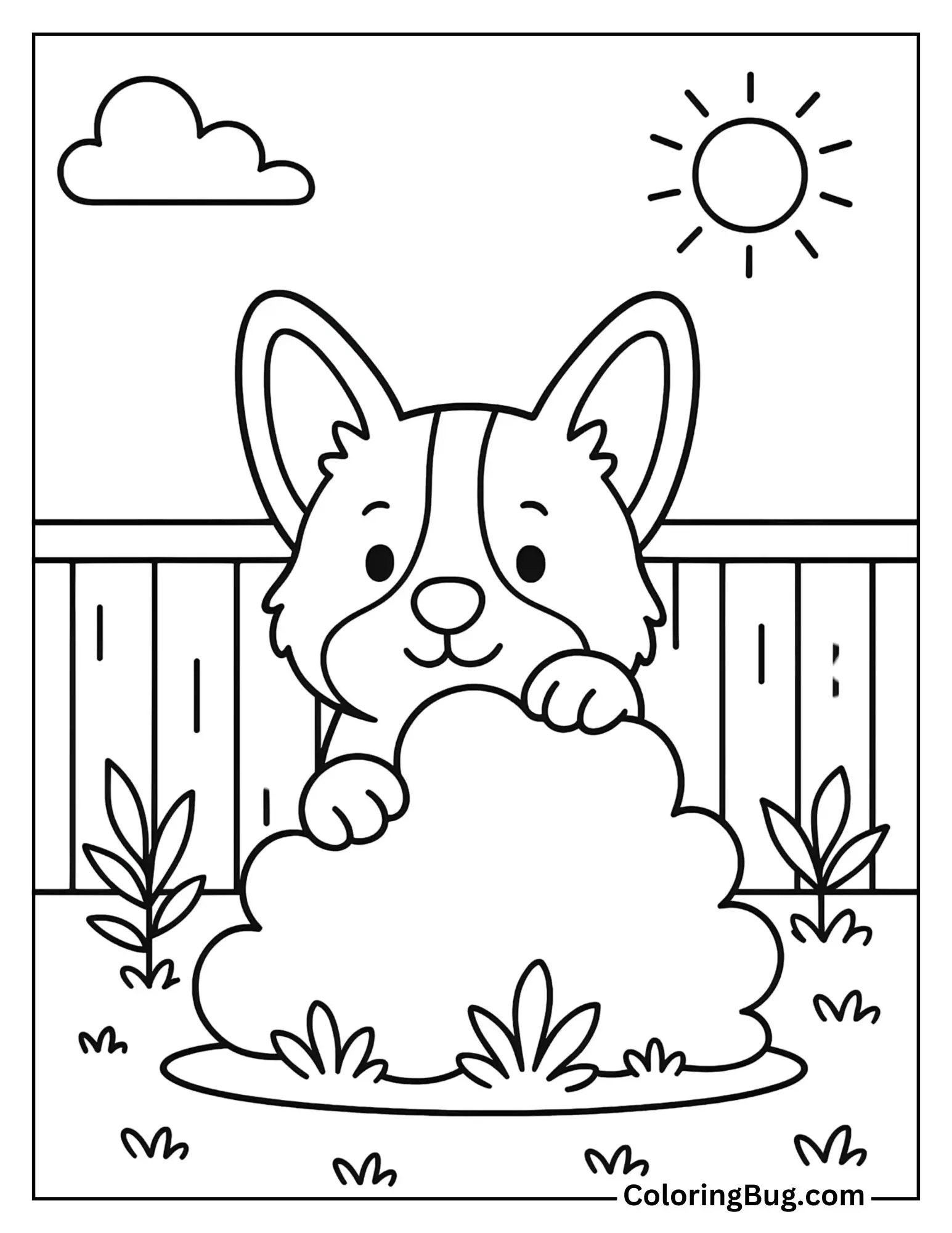 Corgi Playing Hide-And-Seek Behind a Bush Coloring Sheet