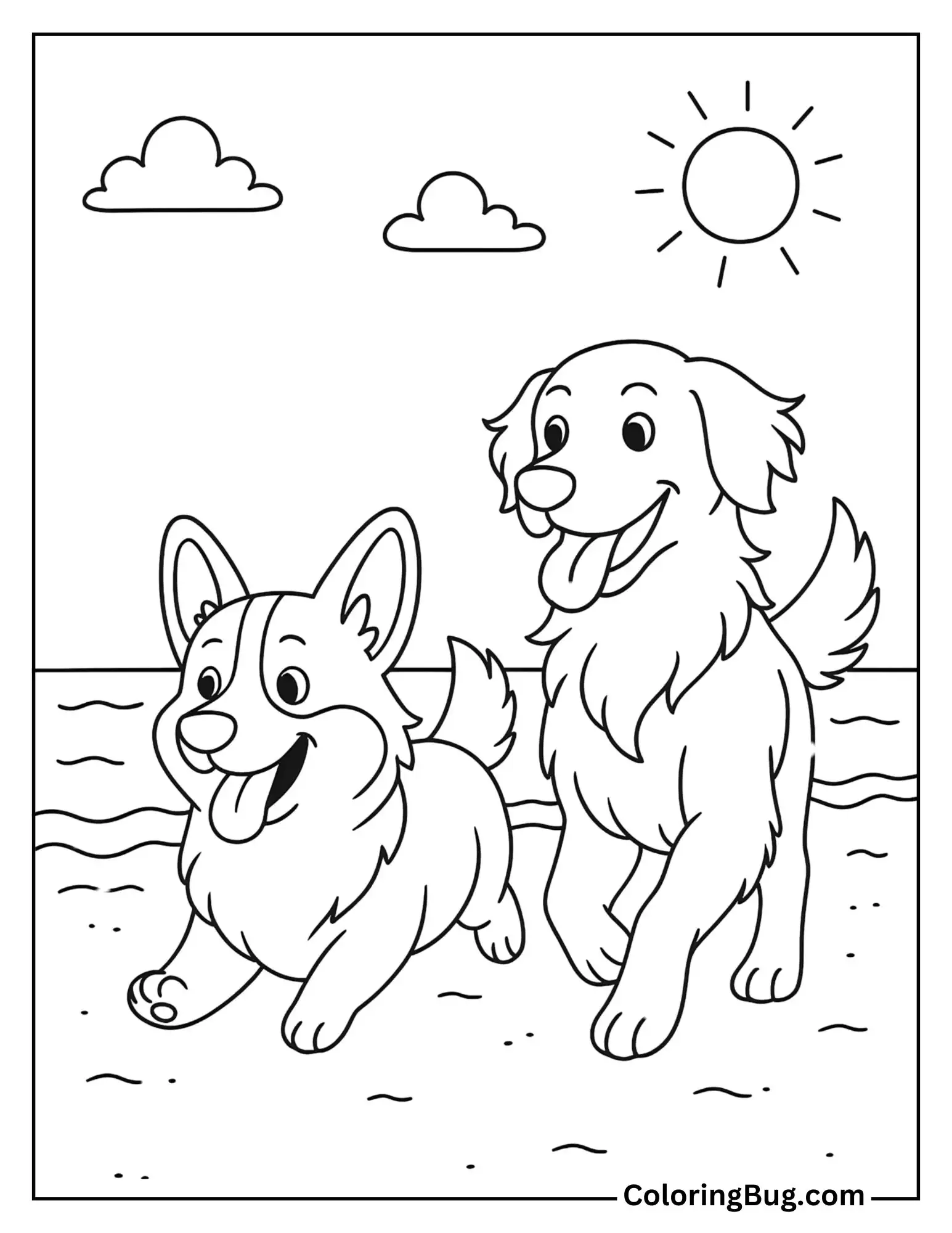 Corgi Racing a Golden Retriever Along the Beach Coloring Sheet