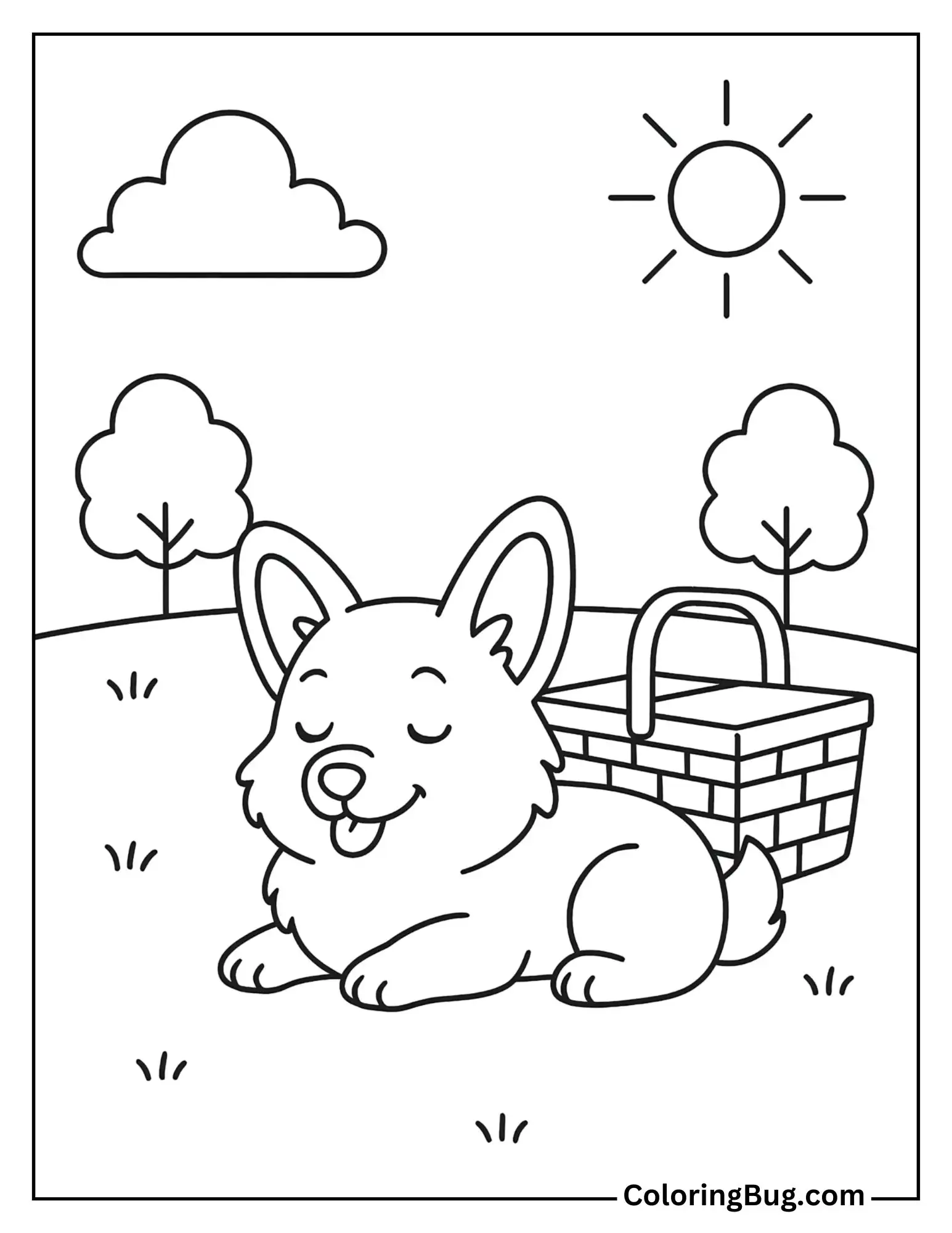 Corgi Resting Beside a Picnic Basket in a Sunny Park Coloring Sheet