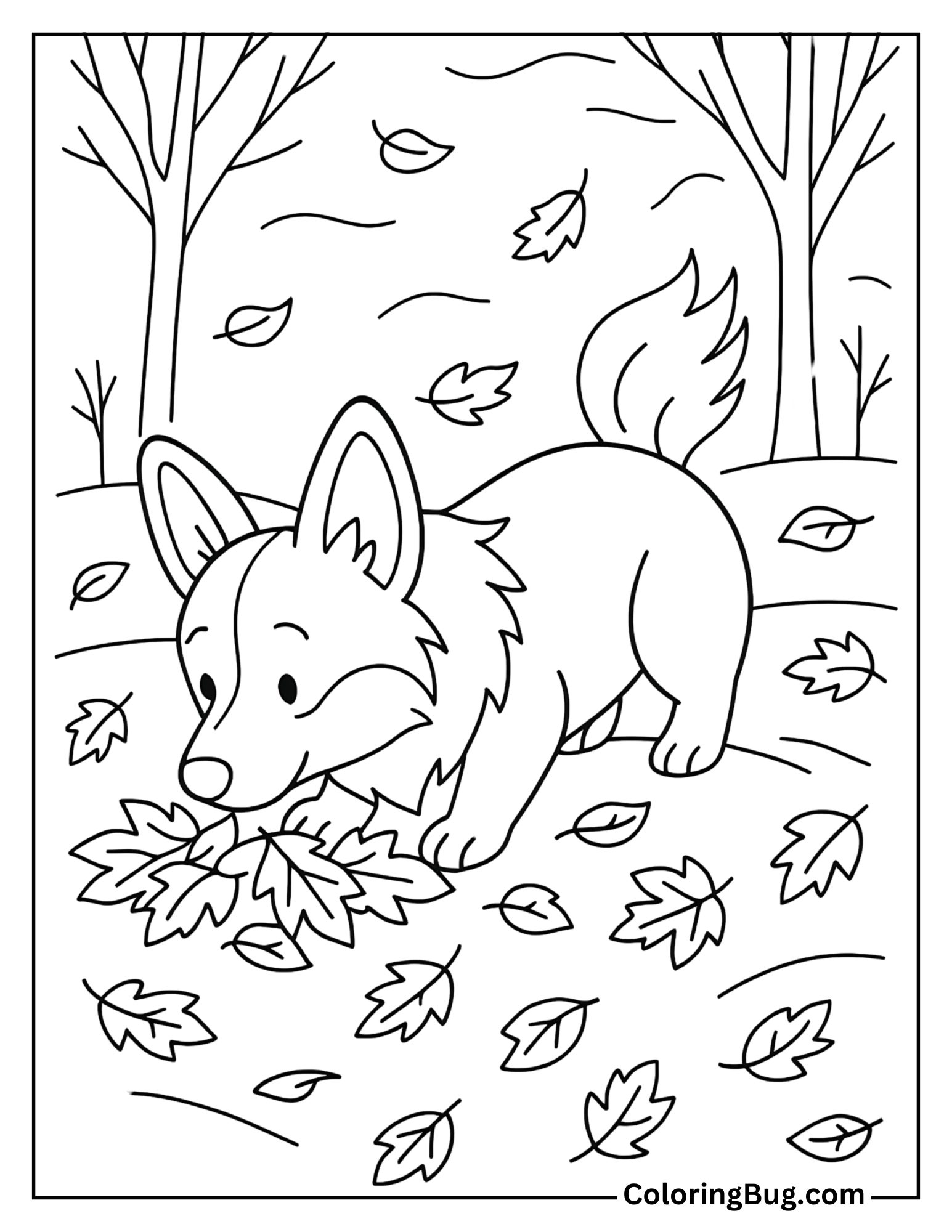 Corgi Sniffing Around Fallen Autumn Leaves in the Park Coloring Sheet