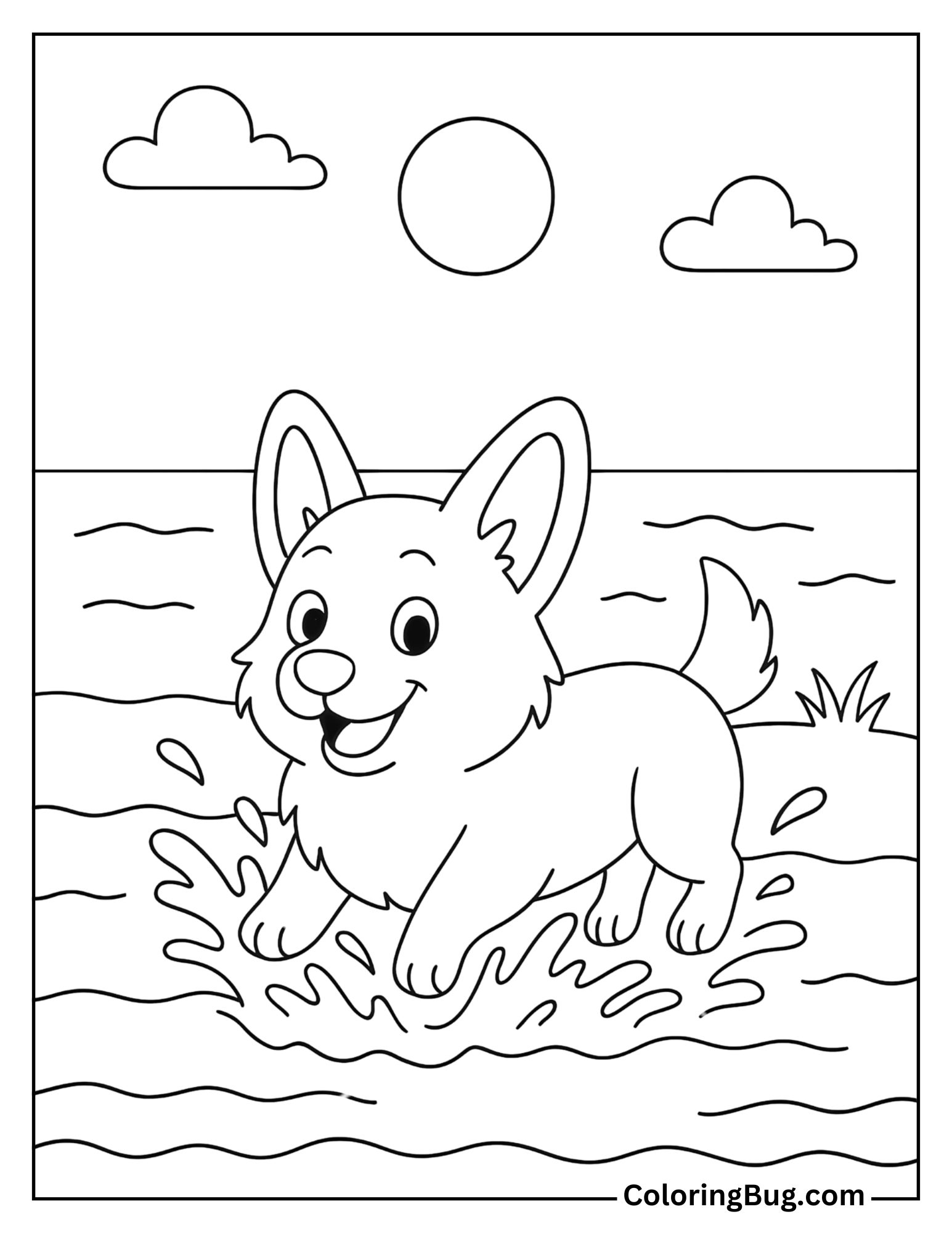 Corgi Splashing in Shallow Water at the Beach Coloring Sheet