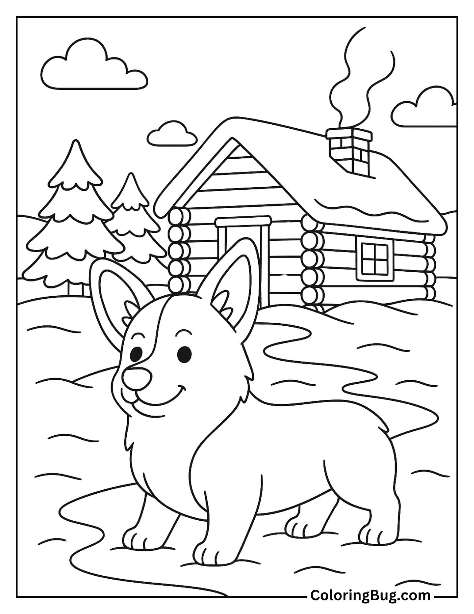 Corgi Standing Outside a Log Cabin in the Snow Coloring Sheet