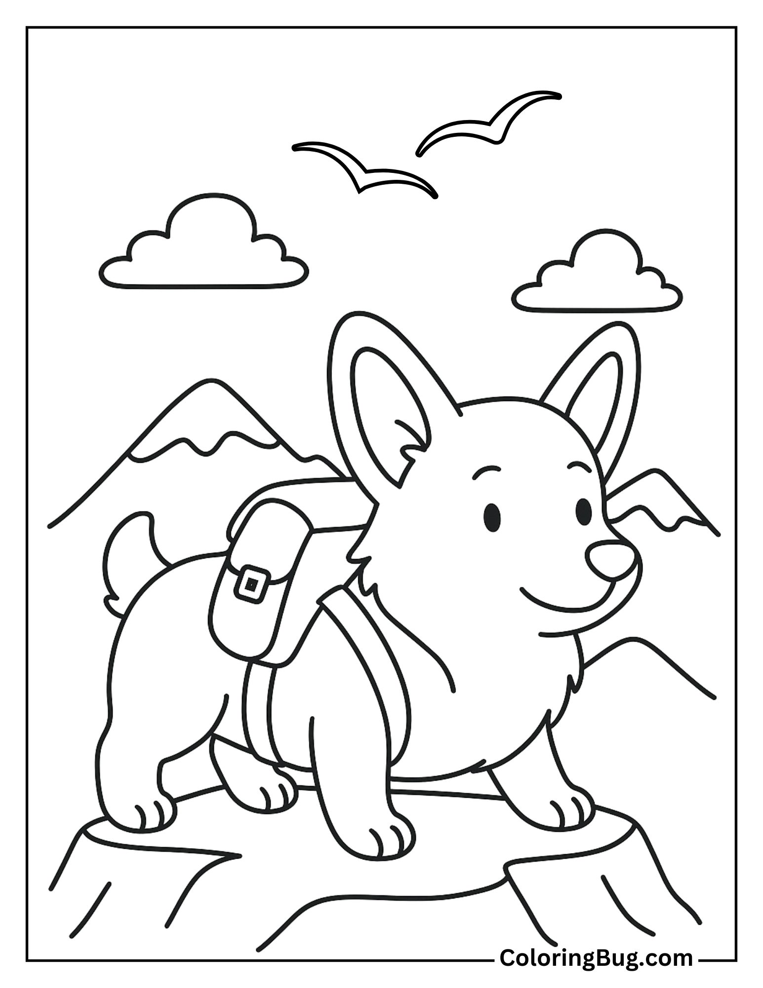 Corgi Wearing a Small Backpack, Ready for a Hike Coloring Sheet