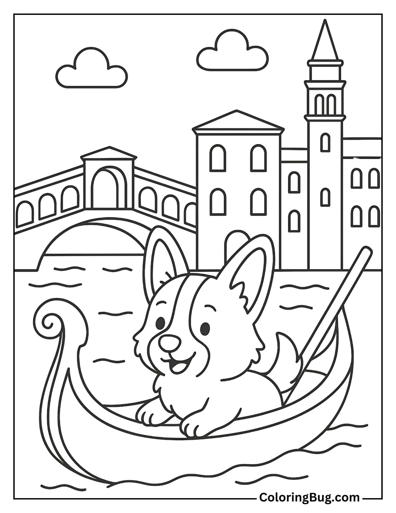 Corgi on a Gondola Ride in Venice Coloring Sheet