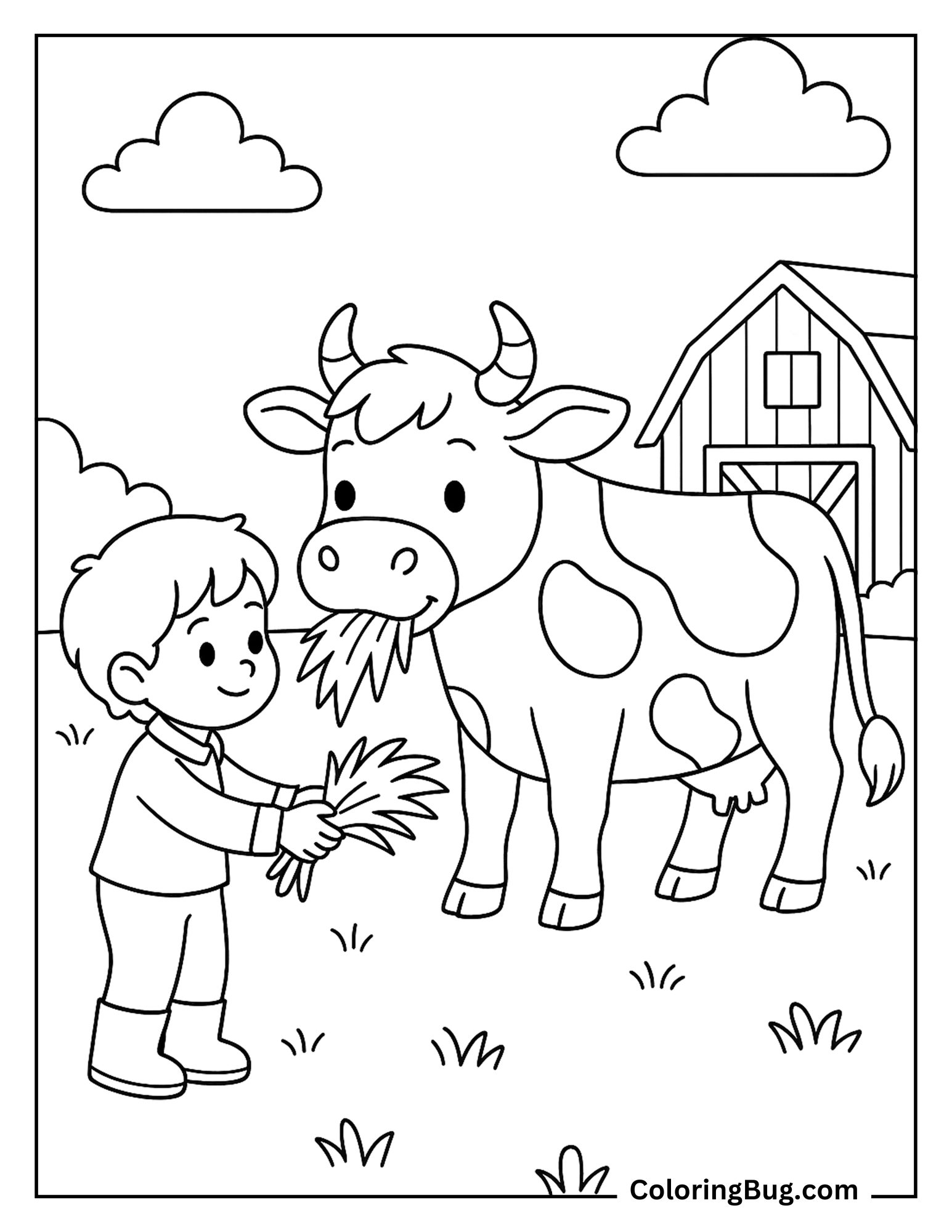 Cow Being Fed Hay by a Child Coloring Sheet
