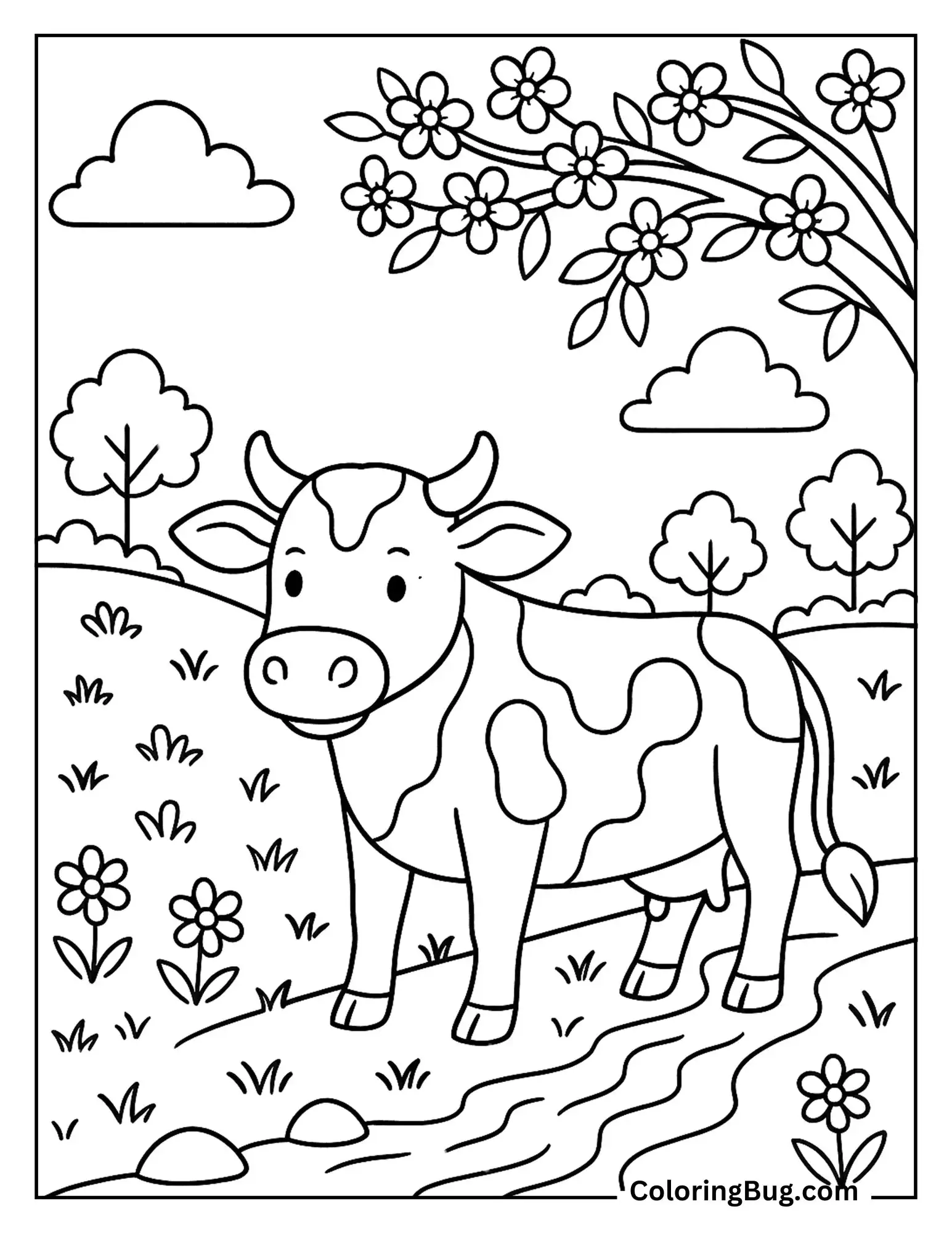Cow Beside a Flowing Stream in Spring Coloring Sheet