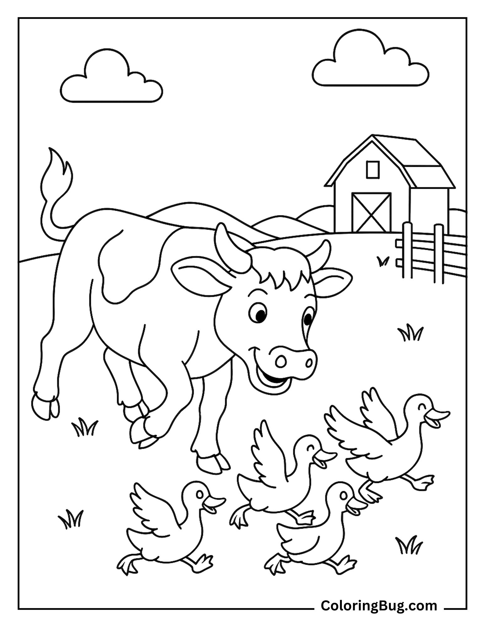 Cow Chasing Ducks in Farm Coloring Sheet