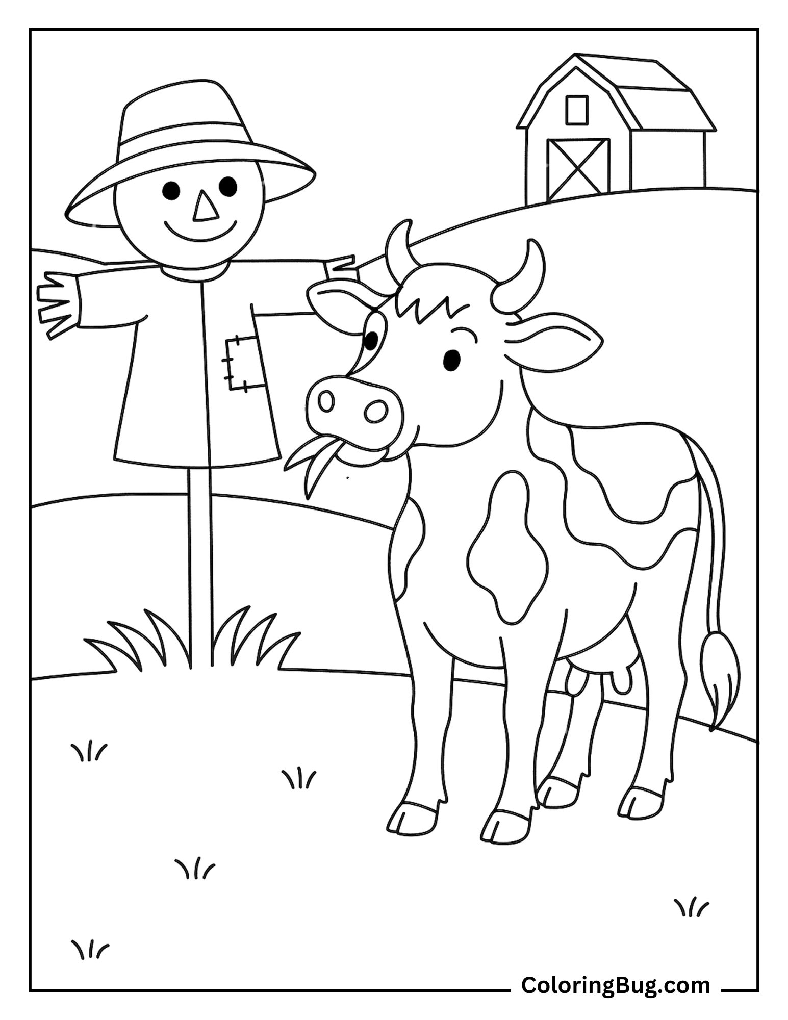 Cow Chewing Grass Beside a Scarecrow Coloring Sheet