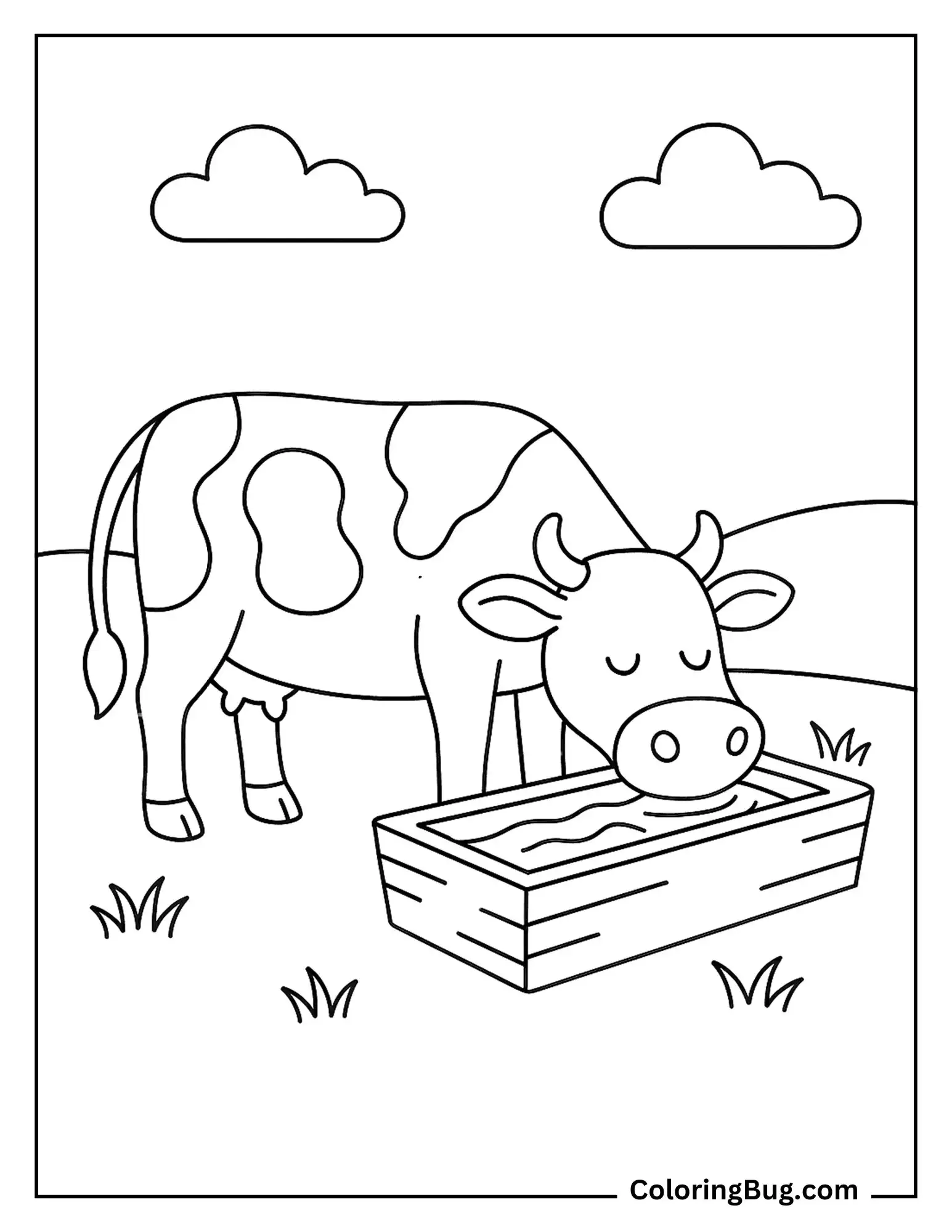 Cow Drinking Water From a Trough Coloring Sheet