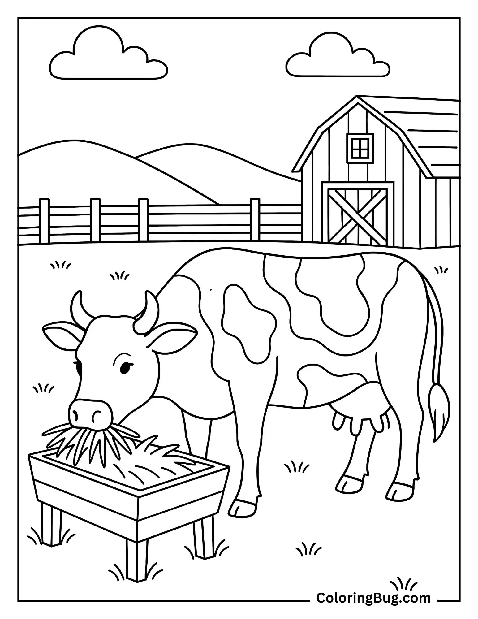 Cow Eating Hay From a Trough Coloring Sheet