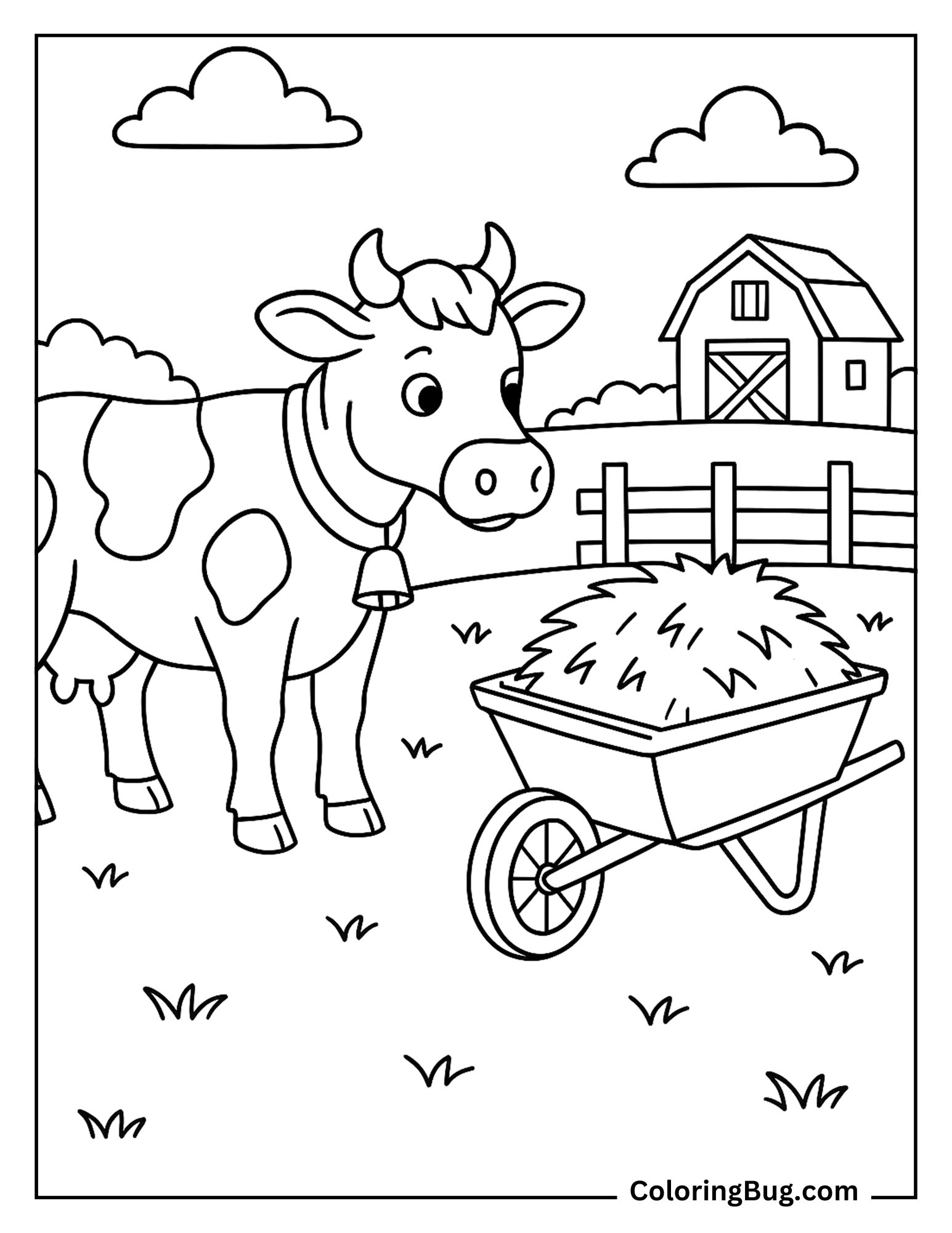 Cow Looking at a Wheelbarrow of Hay Coloring Sheet