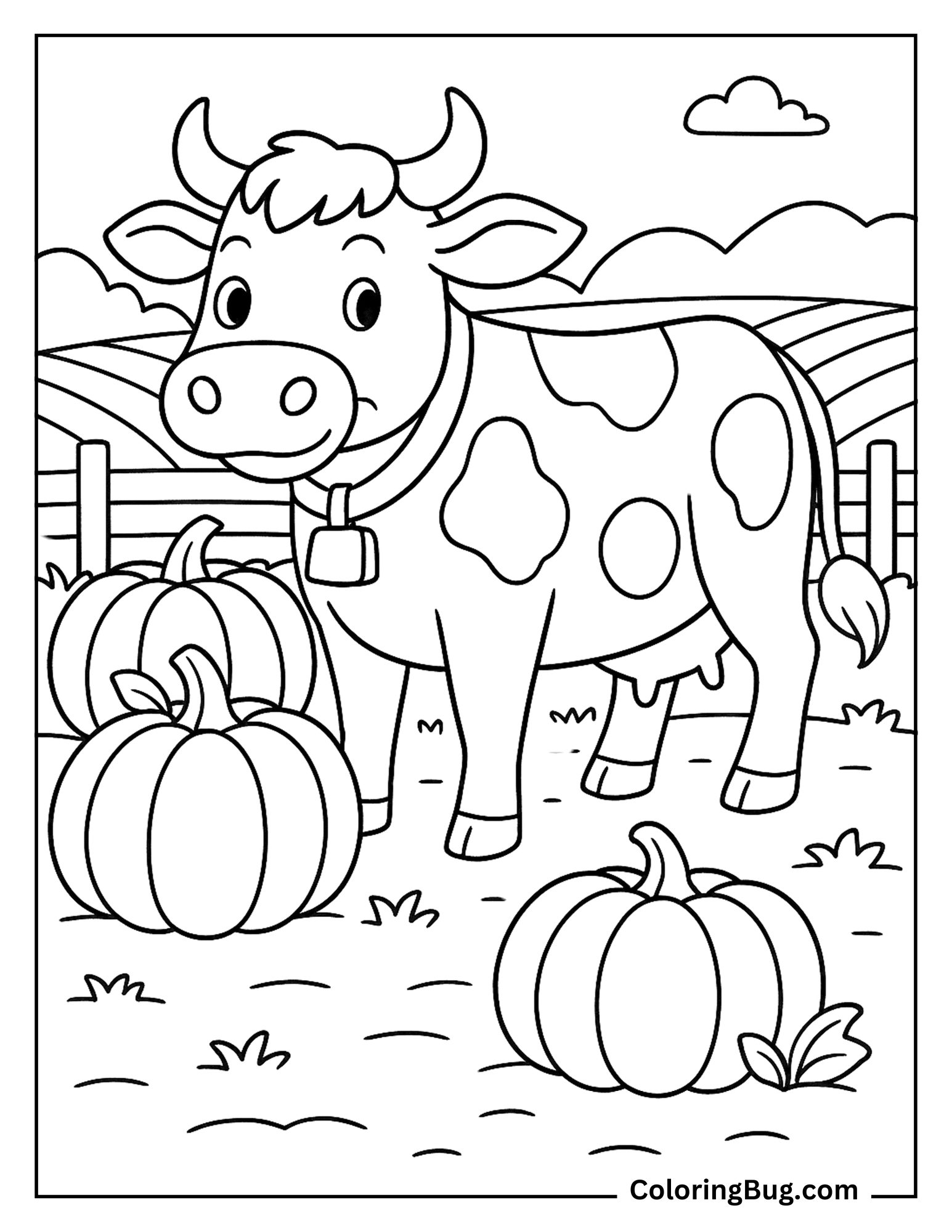 Cow Near Pumpkins in a Harvest Field Coloring Sheet