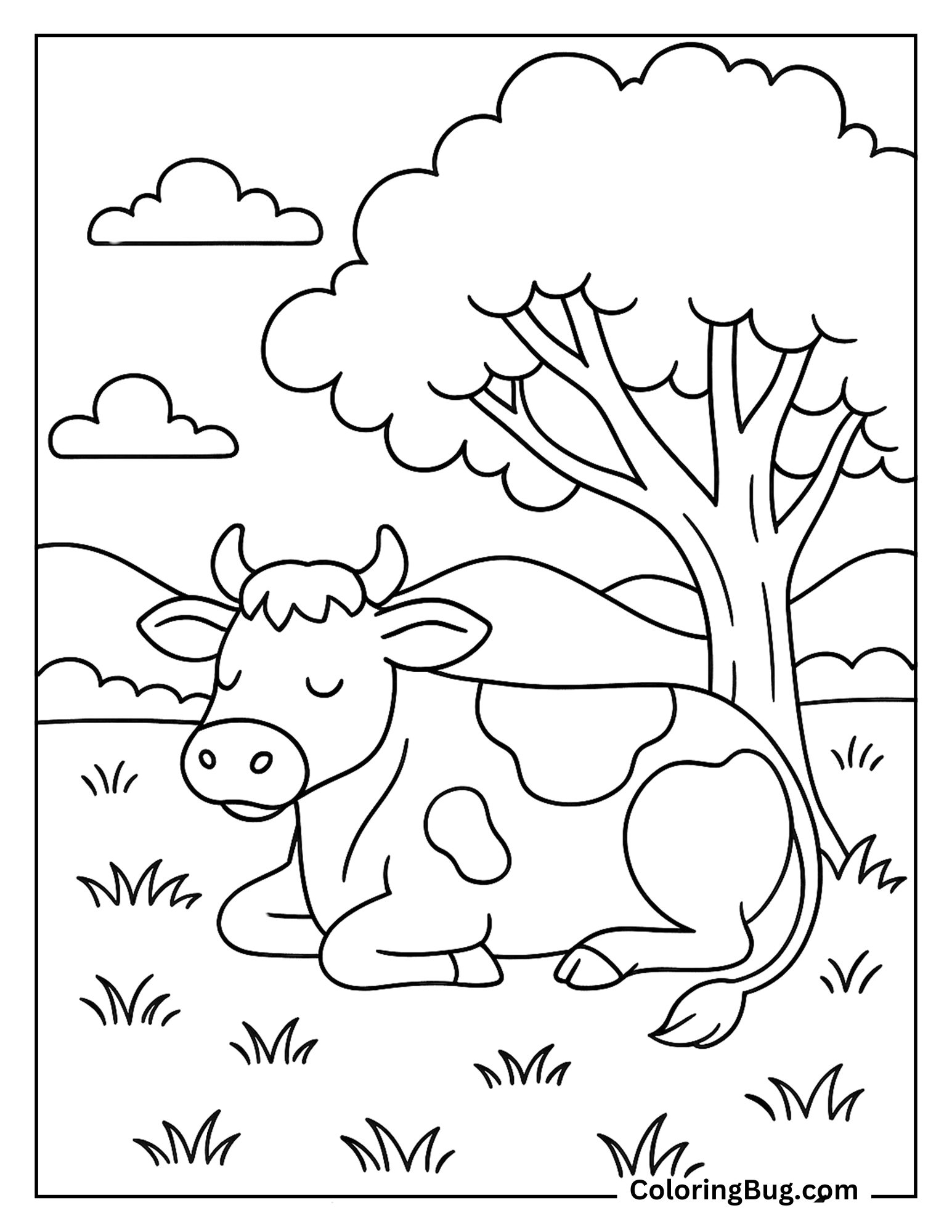 Cow Resting Under Shade of Tree Coloring Sheet