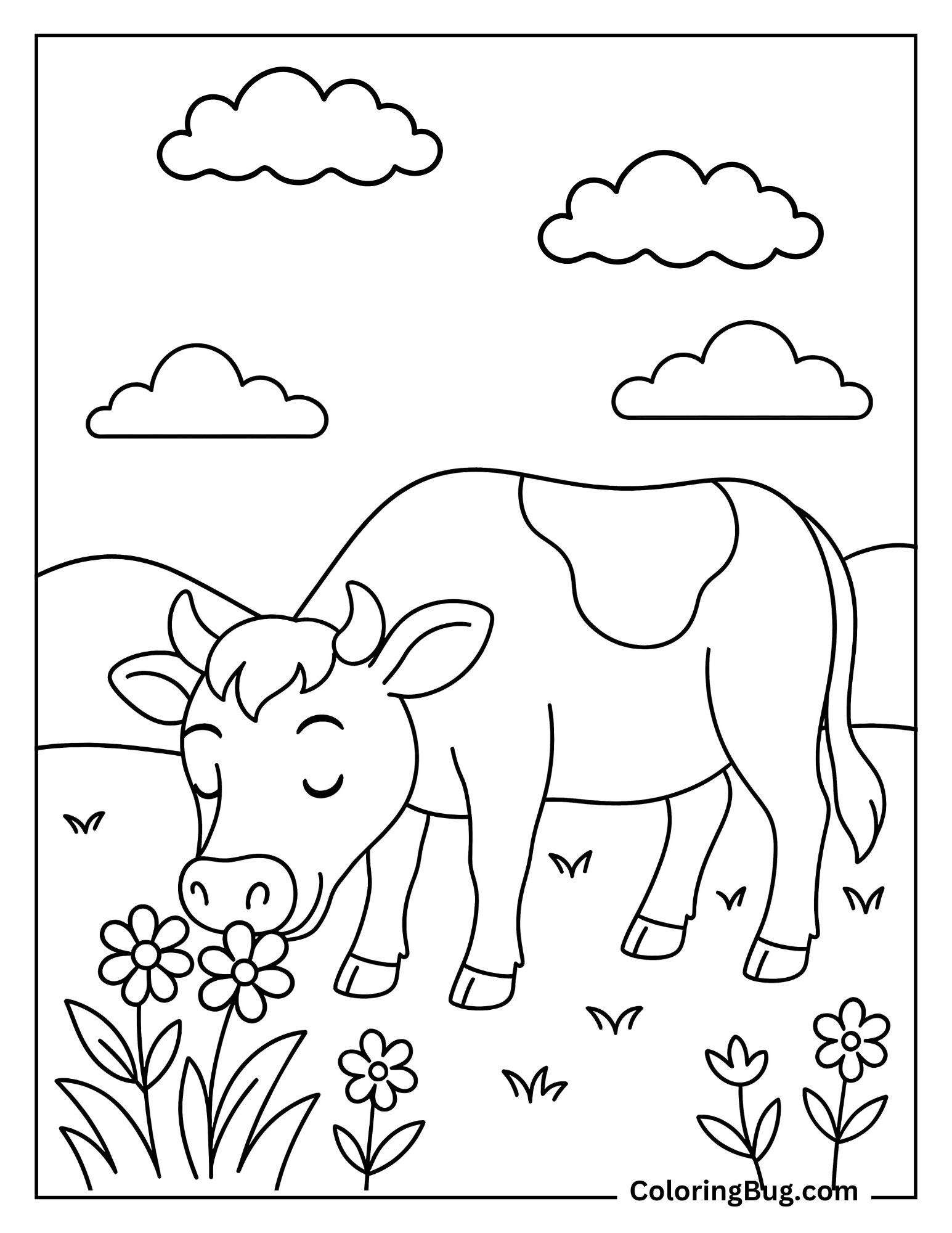 Cow Sniffing Flowers in a Field Coloring Sheet