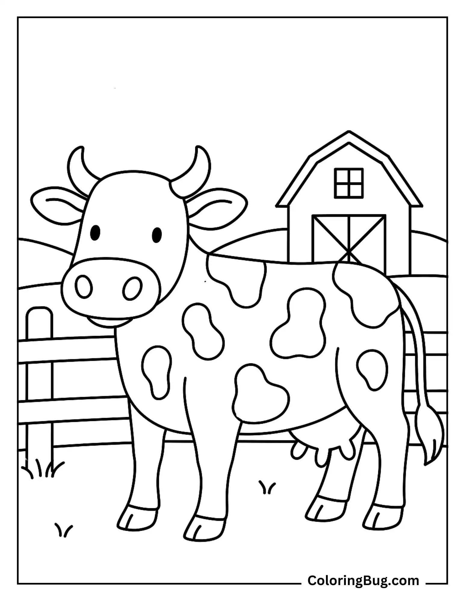 Cow Standing Near Fence Coloring Sheet