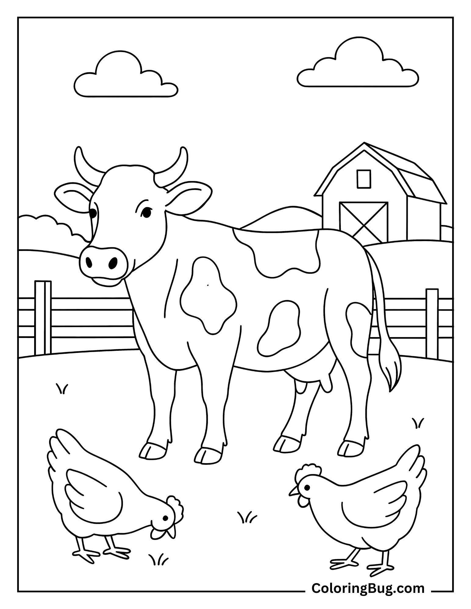 Cow Standing in Farm With Chickens Coloring Sheet