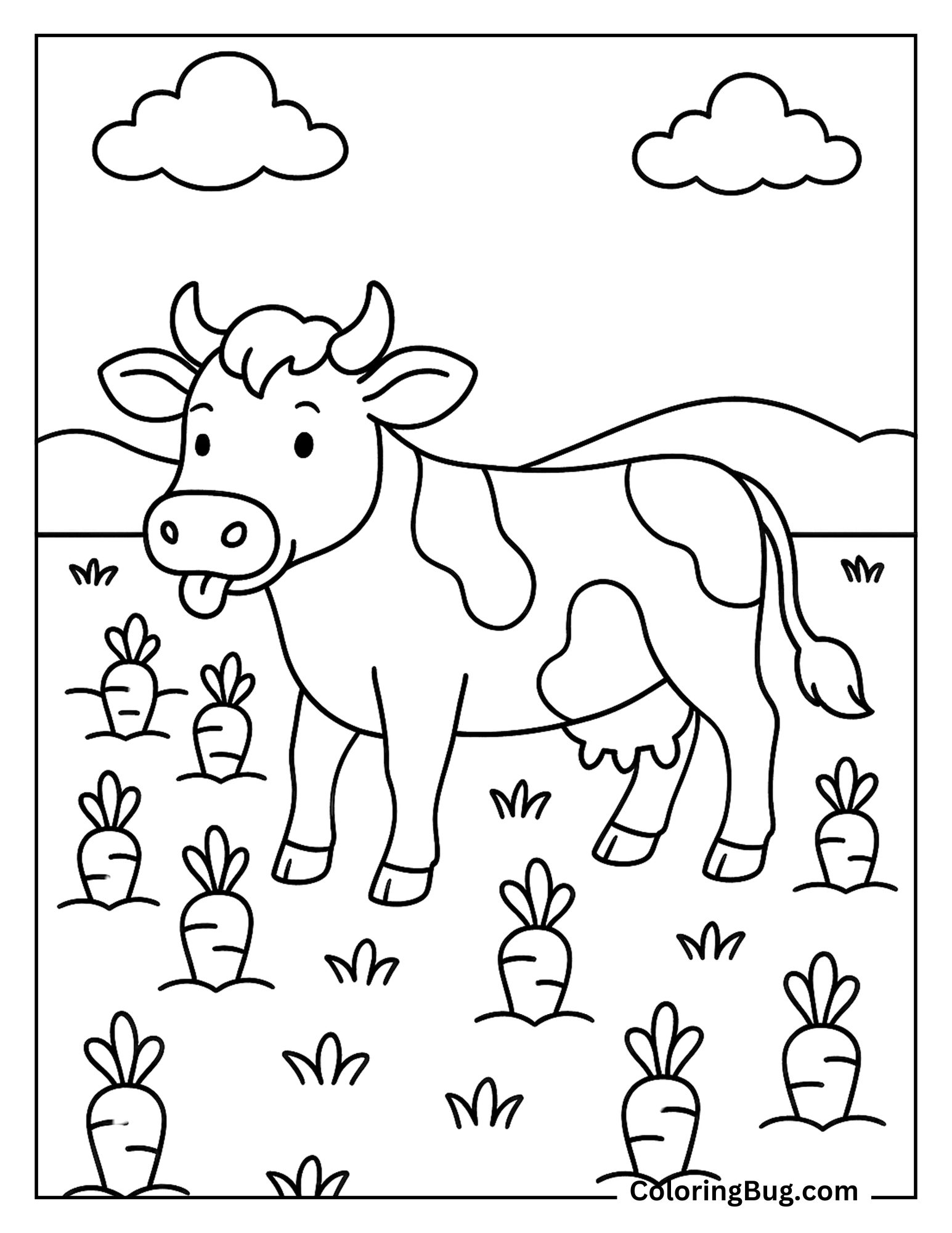 Cow Standing in Field of Carrots Coloring Sheet