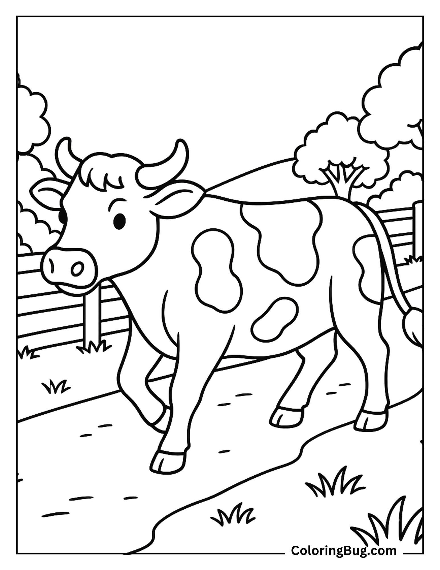 Cow Walking Through a Fenced Pasture Trail Coloring Sheet