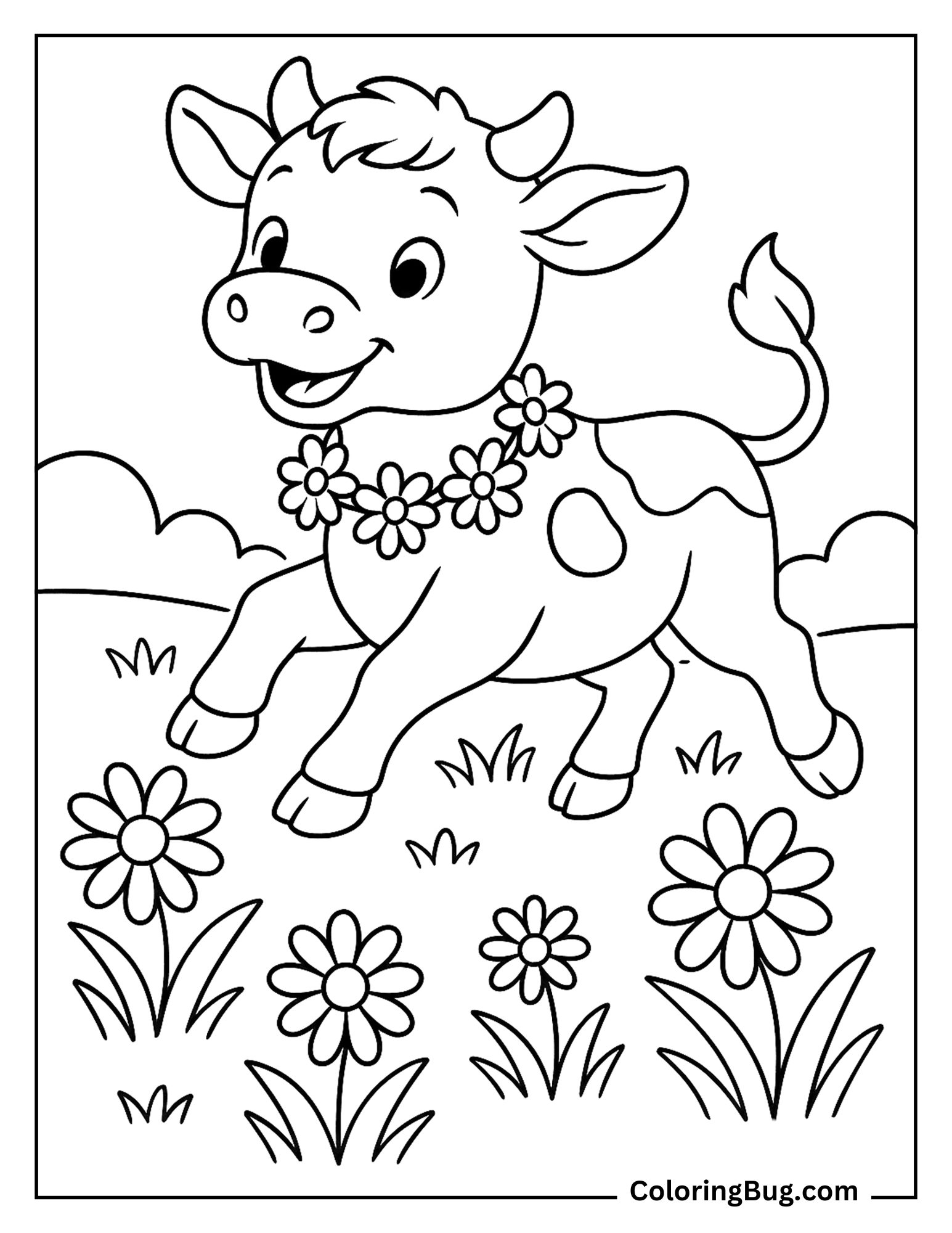 Cow Wearing Daisy Necklace And Running Coloring Sheet