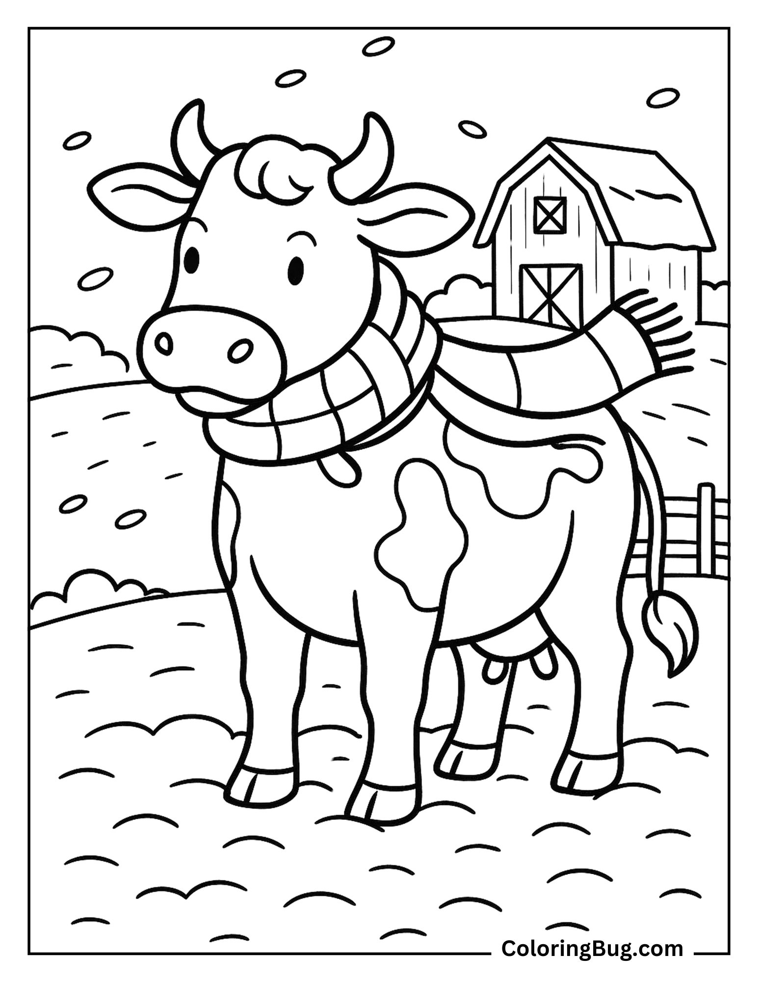Cow Wearing a Scarf in Winter Wind Coloring Sheet