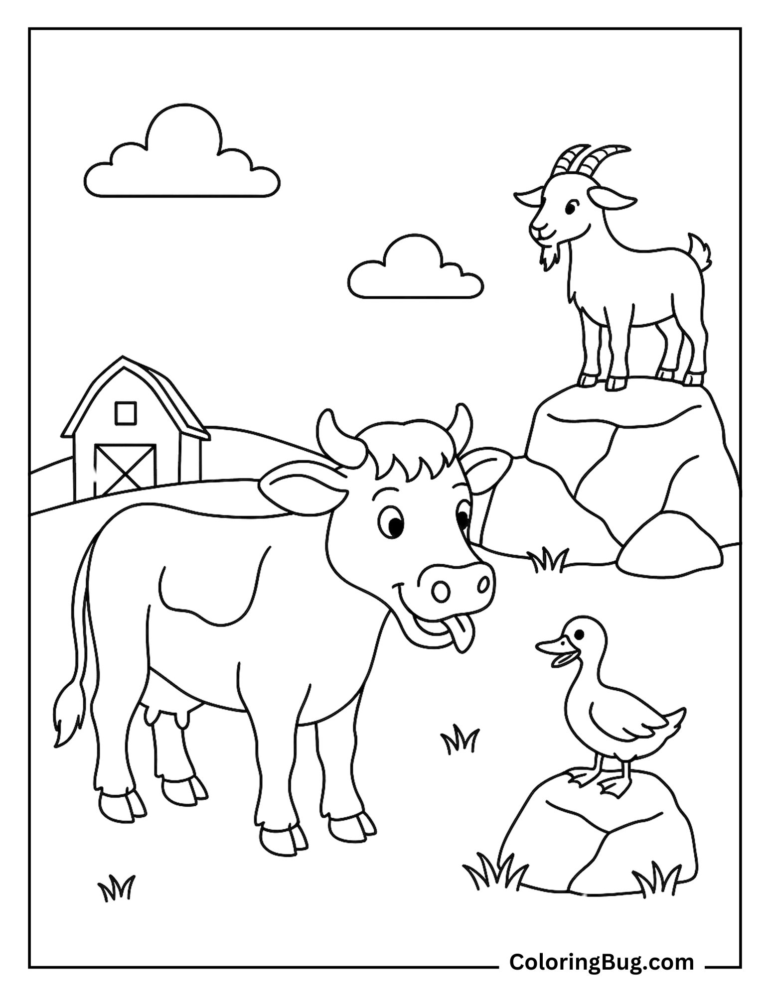 Cow With Duck And Goat Coloring Sheet