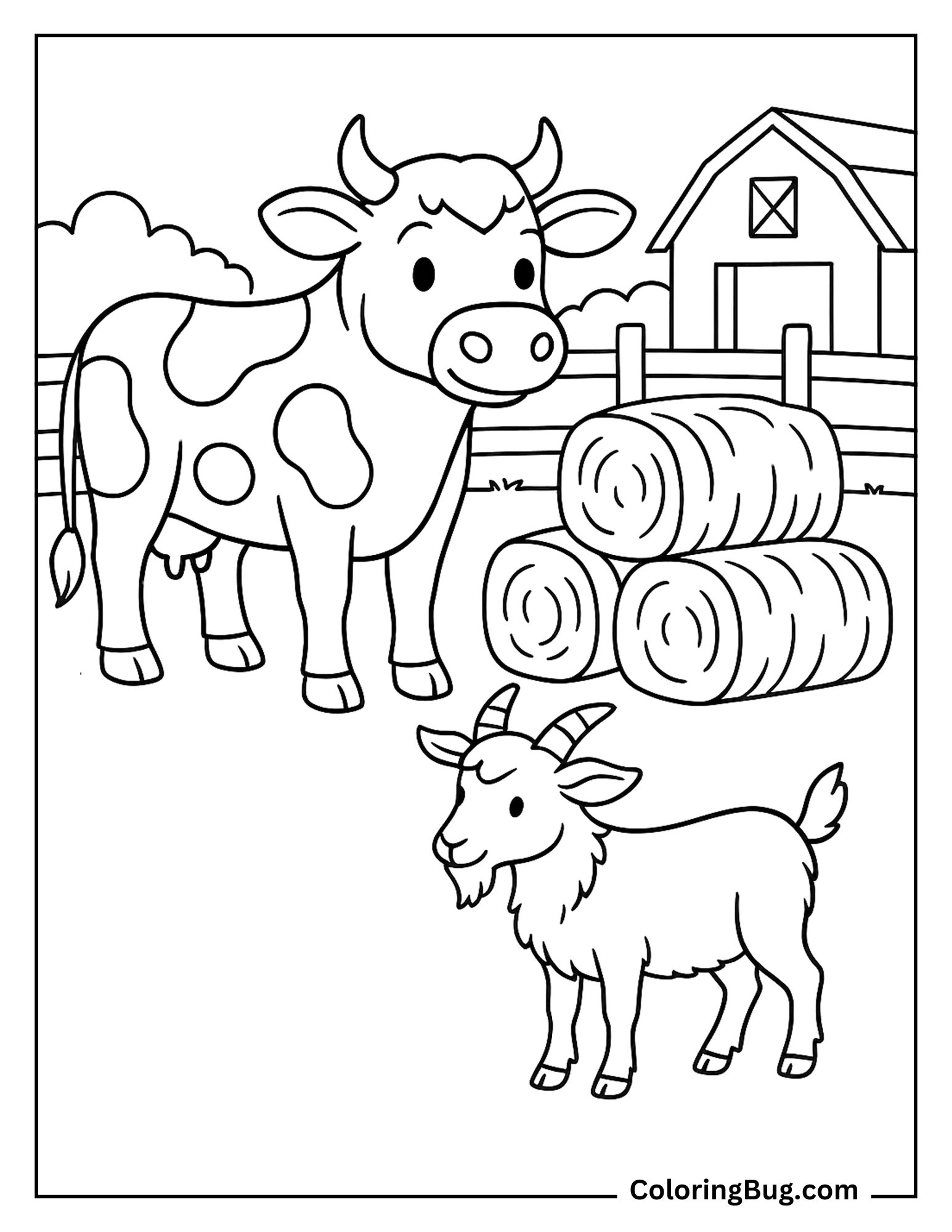 Cow With Goat Standing in Farm Coloring Sheet