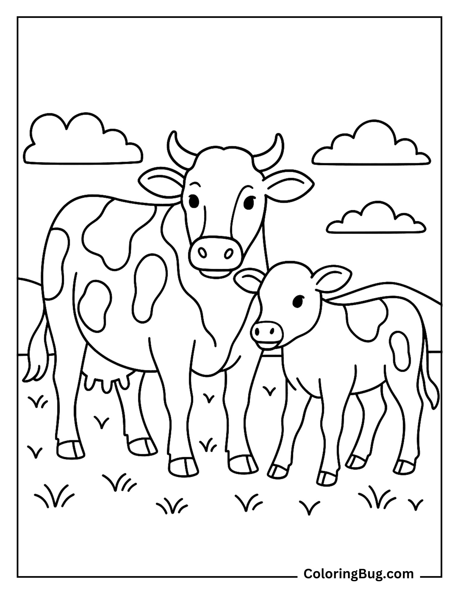 Cow With Its Calf Coloring Sheet