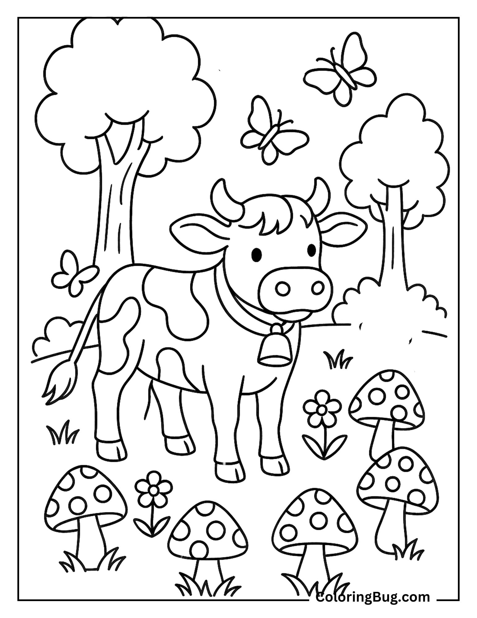 Cow in Mushroom Forest Coloring Sheet